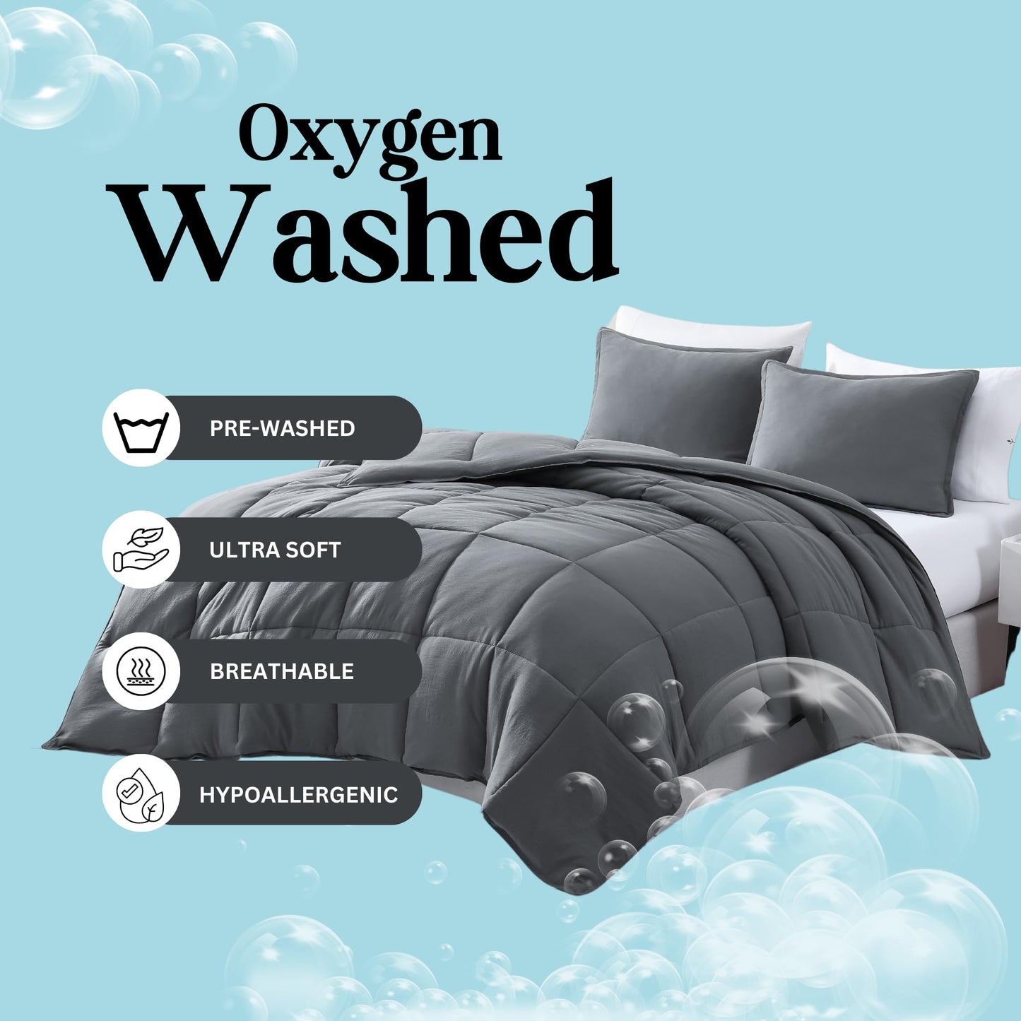 Comforter Set Queen Size - Goose Down Alternative – Washed Ultra-Soft - Premium All Season Warmth Bedding Set (Queen, French Blue)