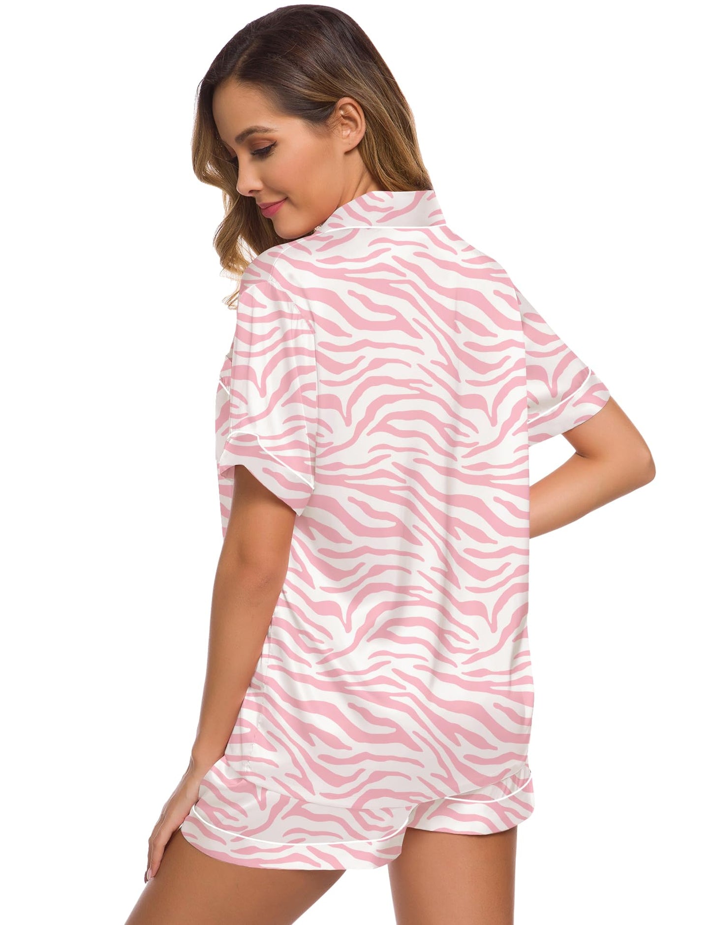 SWOMOG Womens Silk Satin Pajamas Set Short Sleeve Button Down Sleepwear Loungewear 2 Pcs Pj Sets