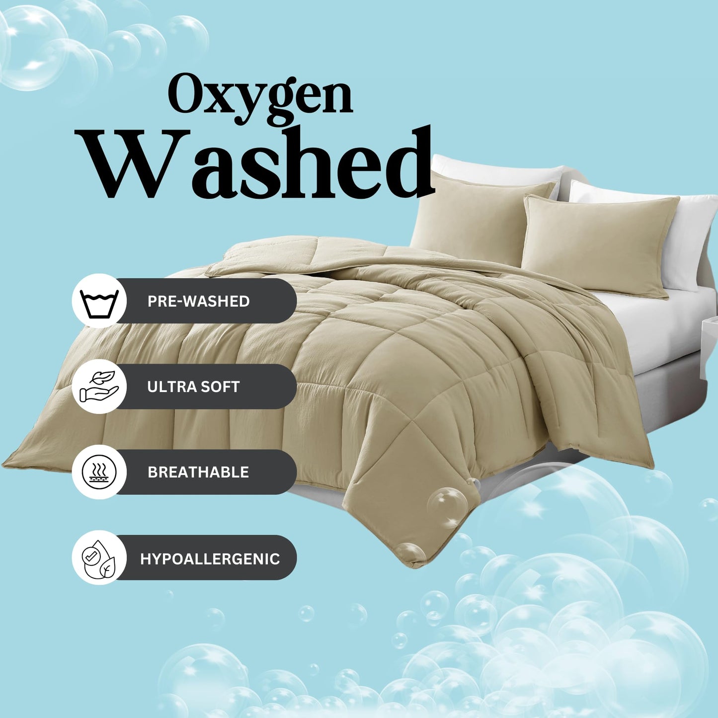 Comforter Set Queen Size - Goose Down Alternative – Washed Ultra-Soft - Premium All Season Warmth Bedding Set (Queen, French Blue)