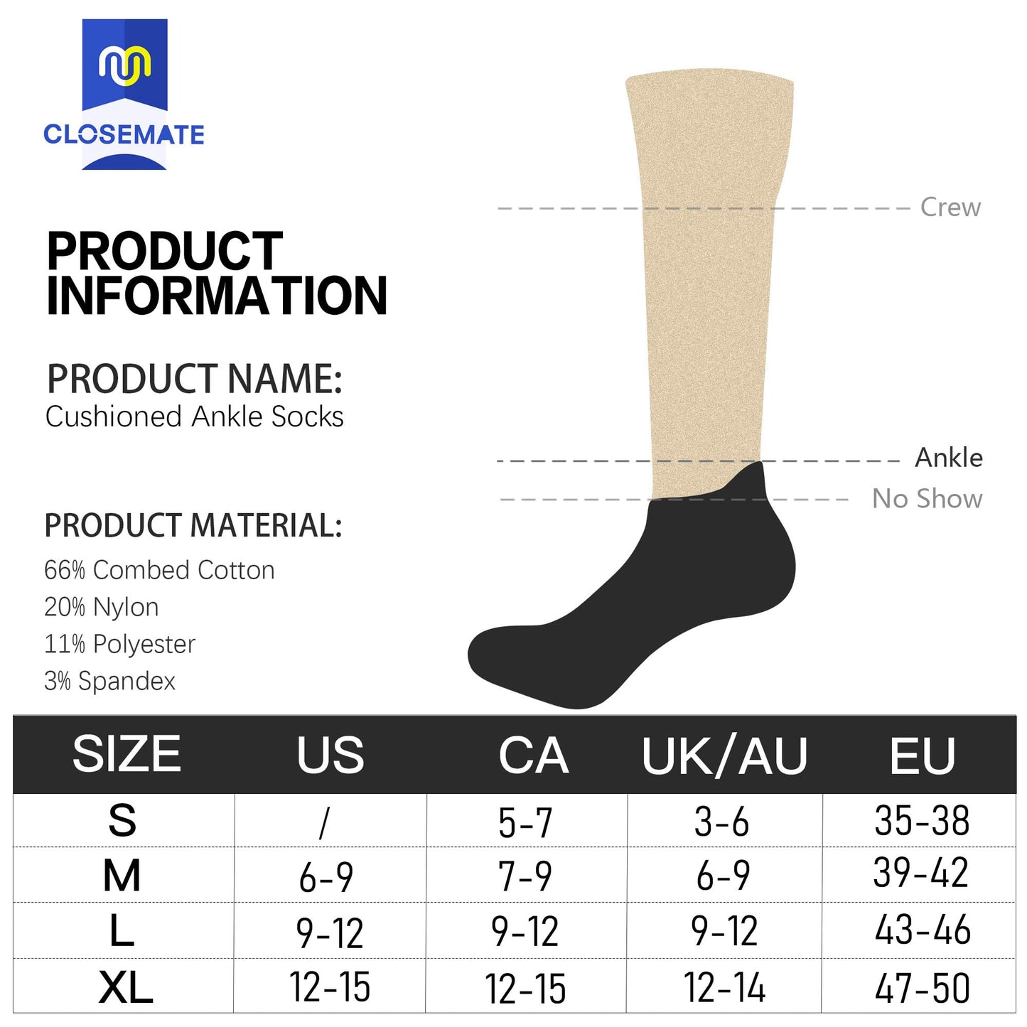 Closemate Mens Ankle Socks 6 Pairs Low Cut Athletic Socks Cotton Cushioned Tab Non-Slip Running Sport Socks