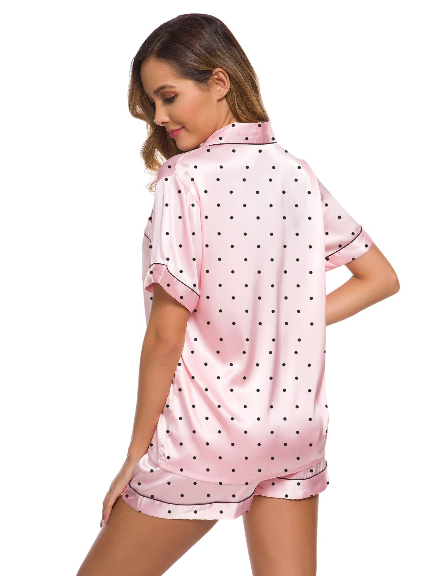 SWOMOG Womens Silk Satin Pajamas Set Short Sleeve Button Down Sleepwear Loungewear 2 Pcs Pj Sets
