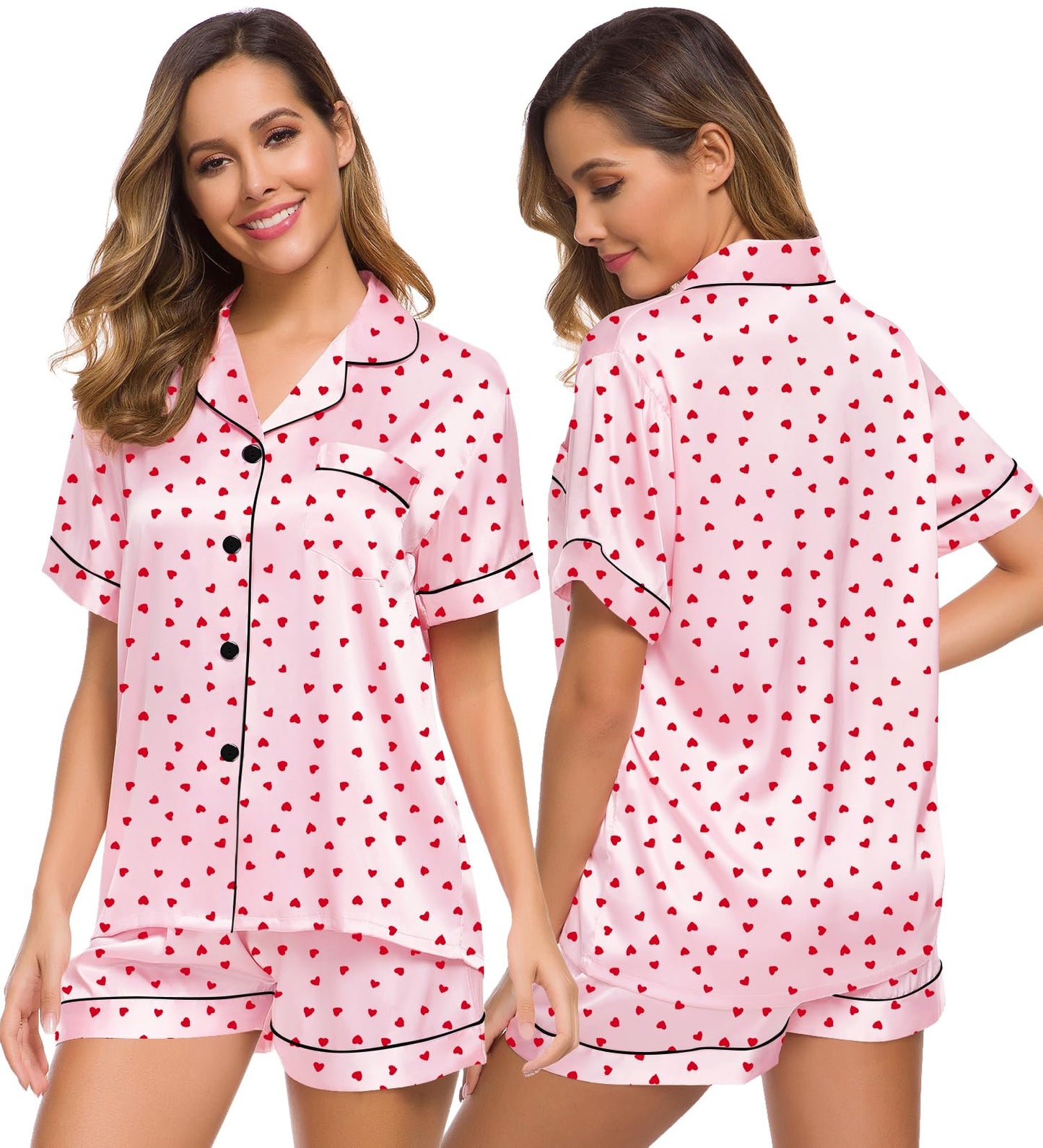 SWOMOG Womens Silk Satin Pajamas Set Short Sleeve Button Down Sleepwear Loungewear 2 Pcs Pj Sets