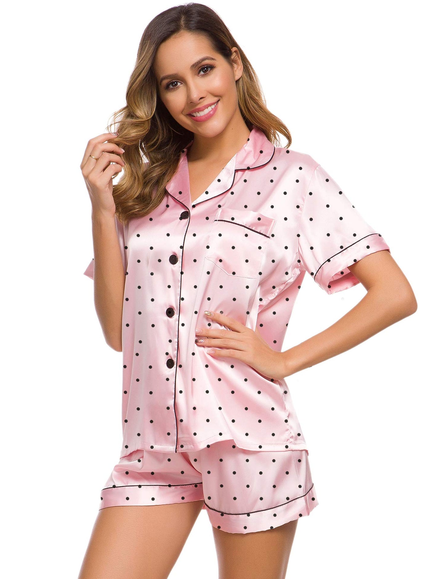 SWOMOG Womens Silk Satin Pajamas Set Short Sleeve Button Down Sleepwear Loungewear 2 Pcs Pj Sets