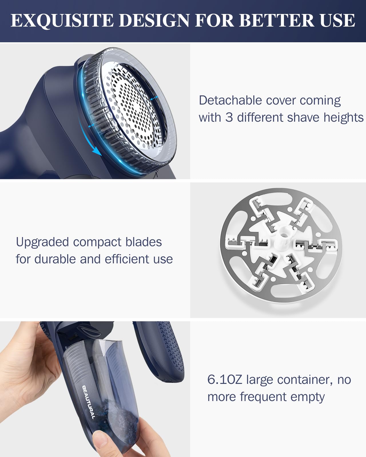 BEAUTURAL Lint Remover Fabric Shaver and Sweater Defuzzer with 2-Speeds, 2 Replaceable Stainless Steel Blades, Battery Operated