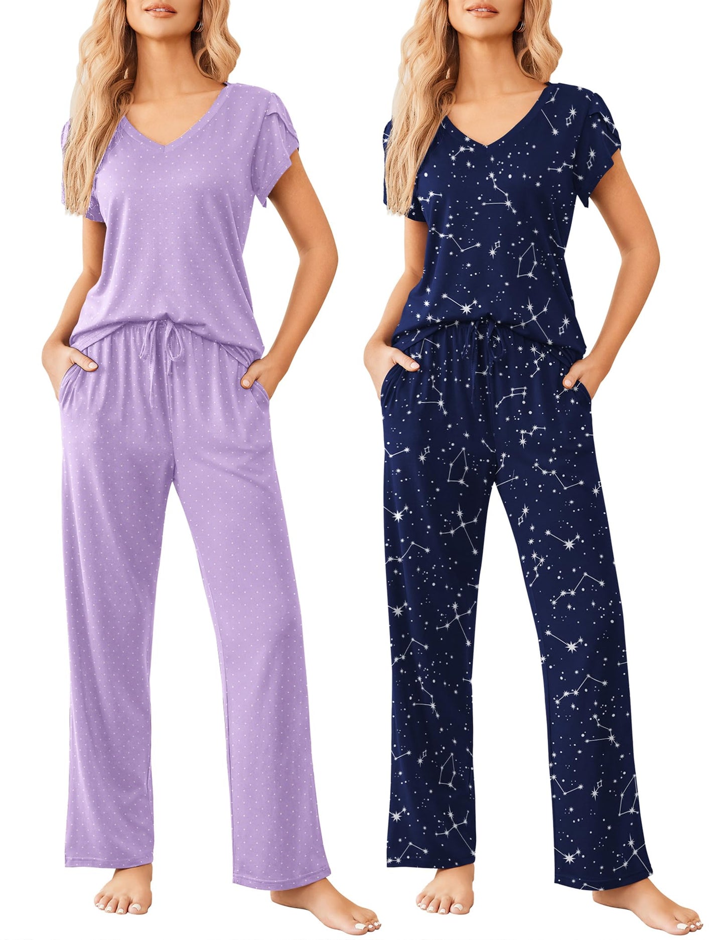 Ekouaer 2 Pack Womens Pajamas Short Sleeve Sleepwear Top with Pants Super-Soft Printed Lounge Sets S-XXL