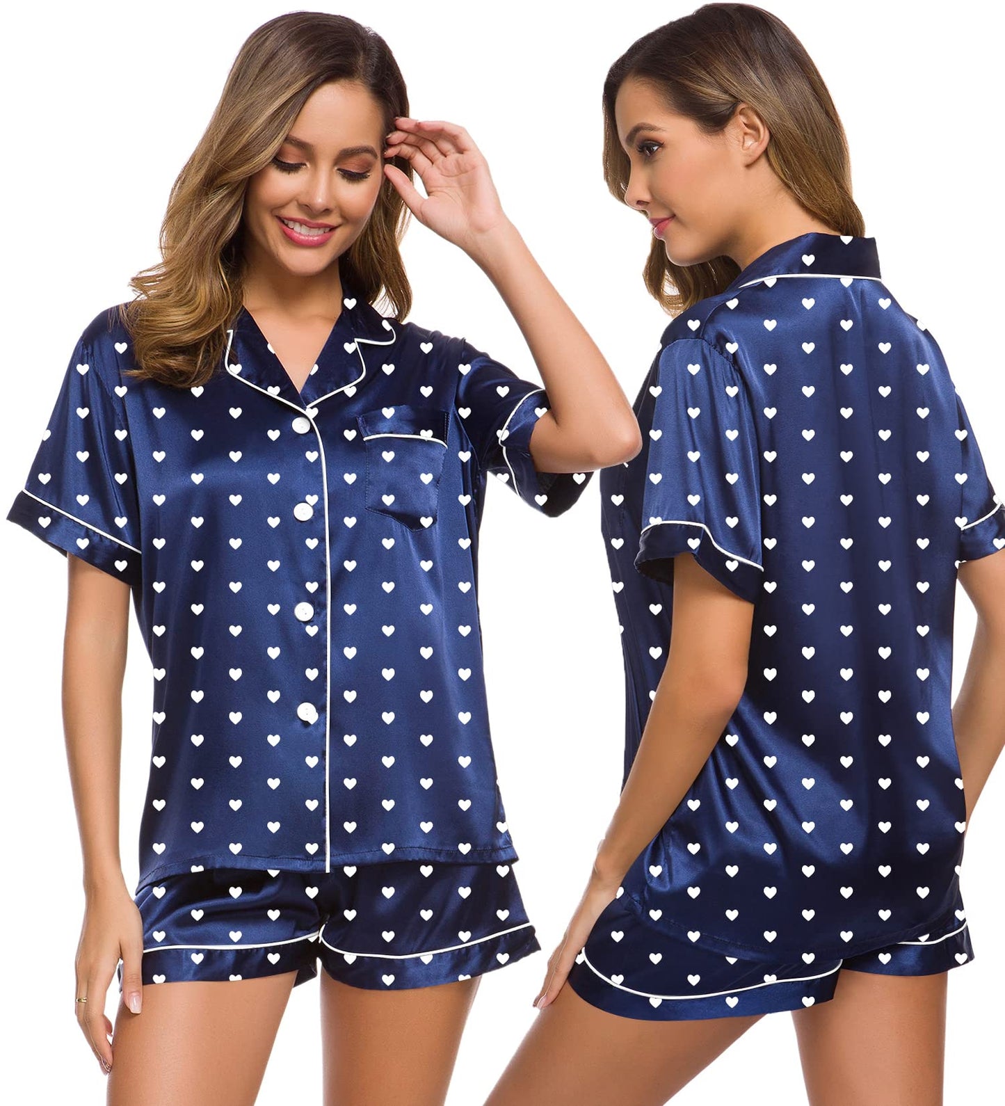 SWOMOG Womens Silk Satin Pajamas Set Short Sleeve Button Down Sleepwear Loungewear 2 Pcs Pj Sets