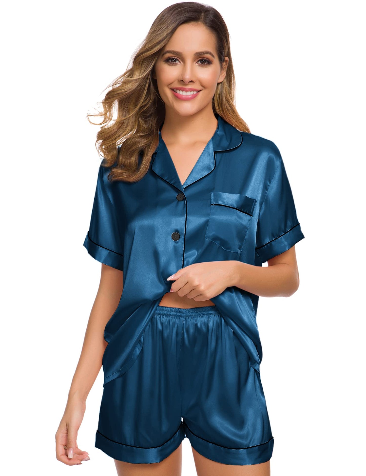 SWOMOG Womens Silk Satin Pajamas Set Short Sleeve Button Down Sleepwear Loungewear 2 Pcs Pj Sets