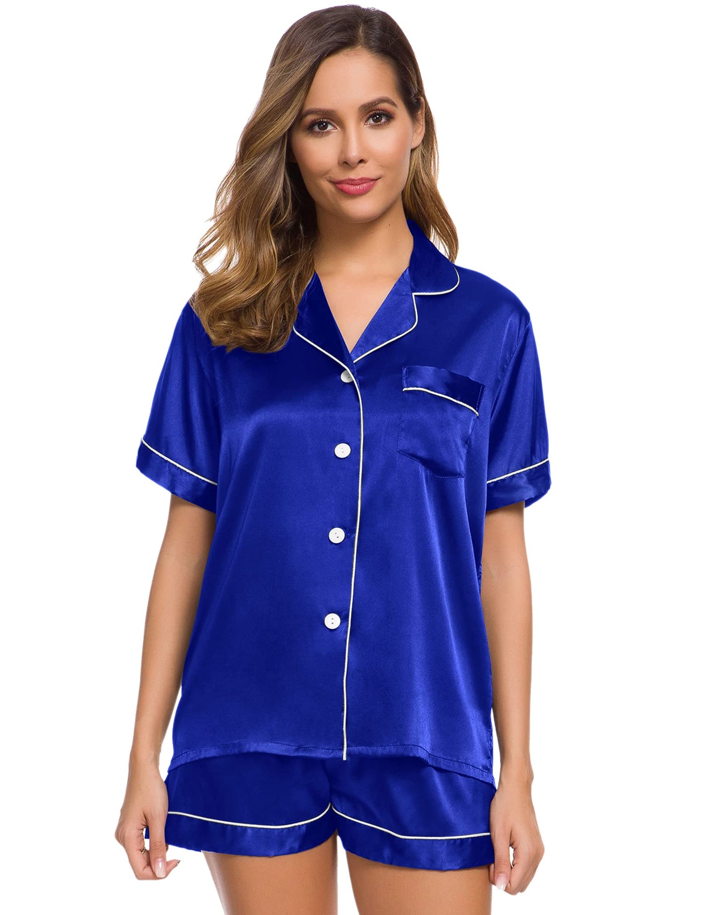 SWOMOG Womens Silk Satin Pajamas Set Short Sleeve Button Down Sleepwear Loungewear 2 Pcs Pj Sets