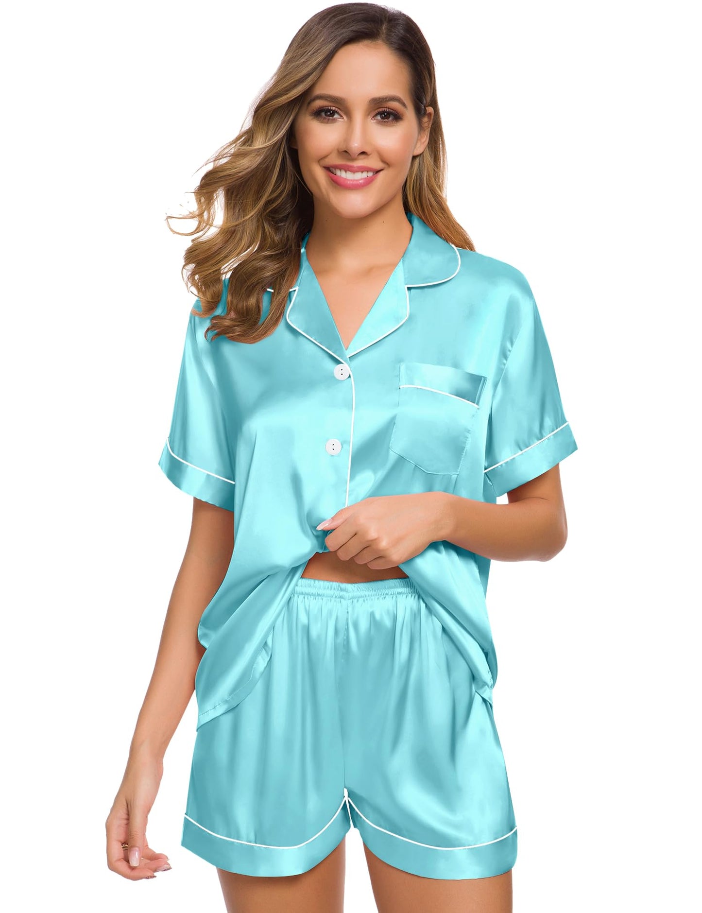 SWOMOG Womens Silk Satin Pajamas Set Short Sleeve Button Down Sleepwear Loungewear 2 Pcs Pj Sets