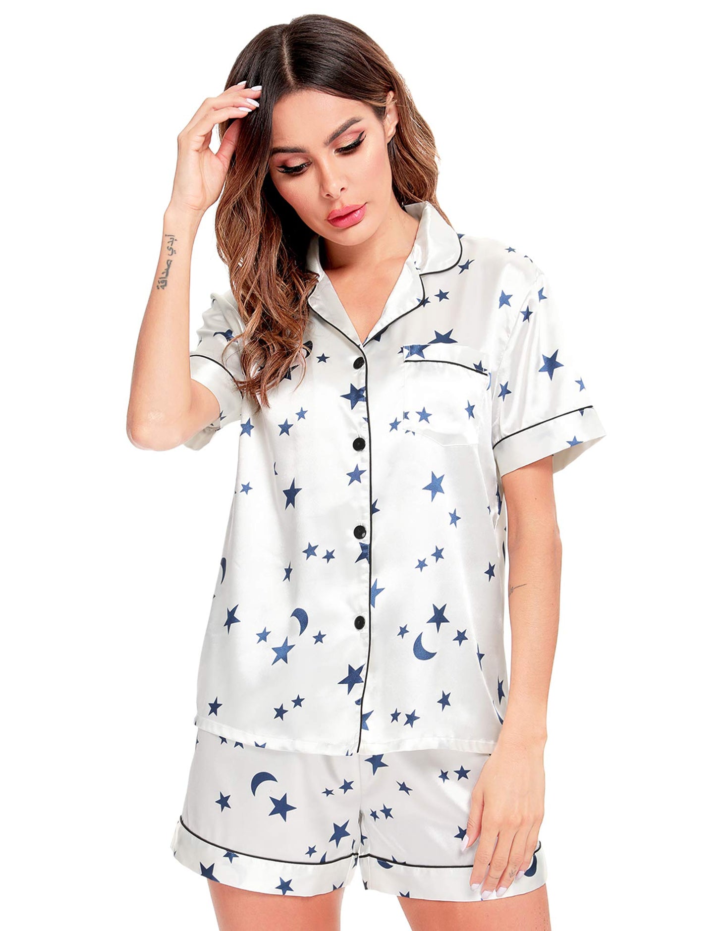 SWOMOG Womens Silk Satin Pajamas Set Short Sleeve Button Down Sleepwear Loungewear 2 Pcs Pj Sets