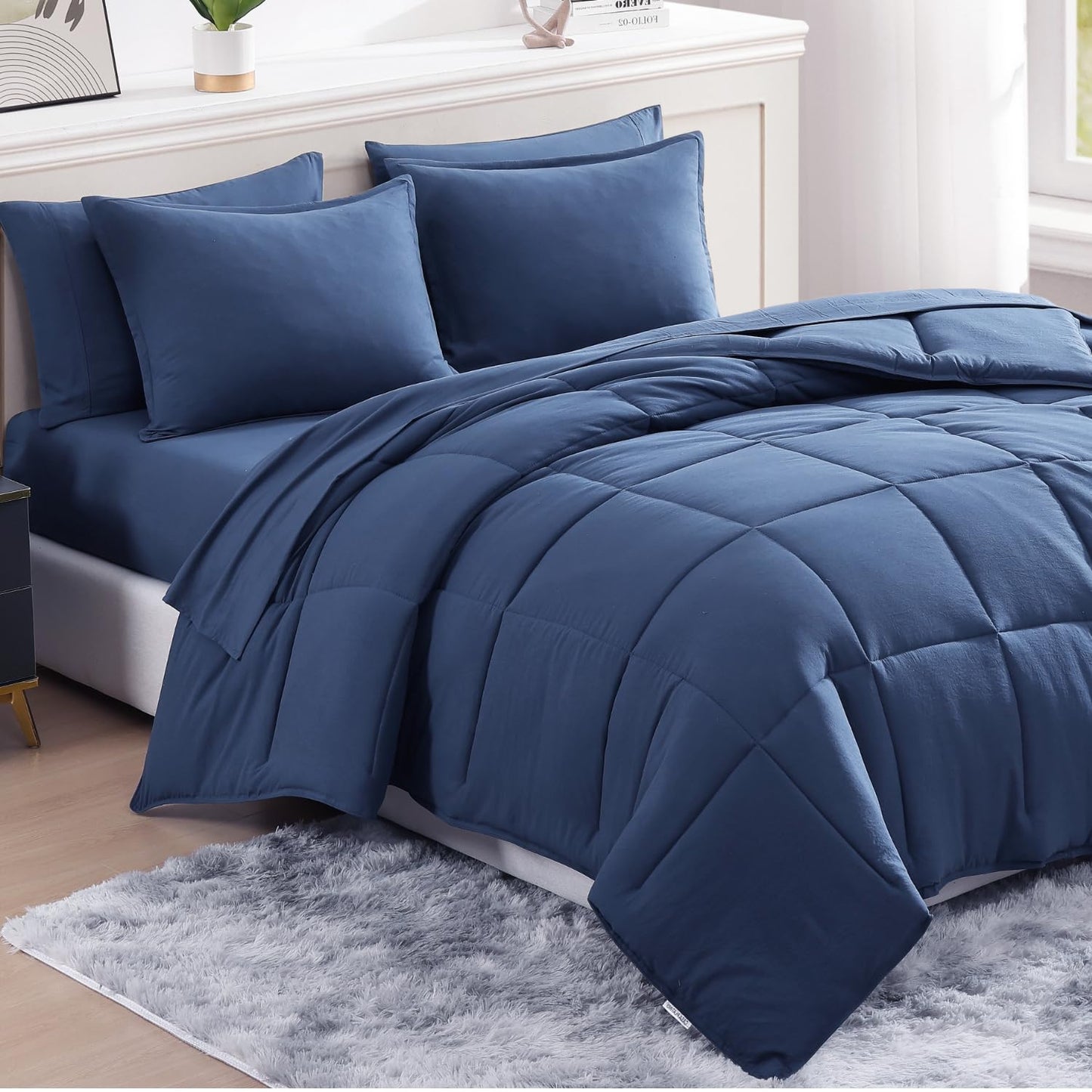 King Size Comforter Set Washed - 7 Pieces King Size Bed in A Bag, Bedding Sets with Comforters, Sheets, Pillowcases & Shams - Mineral