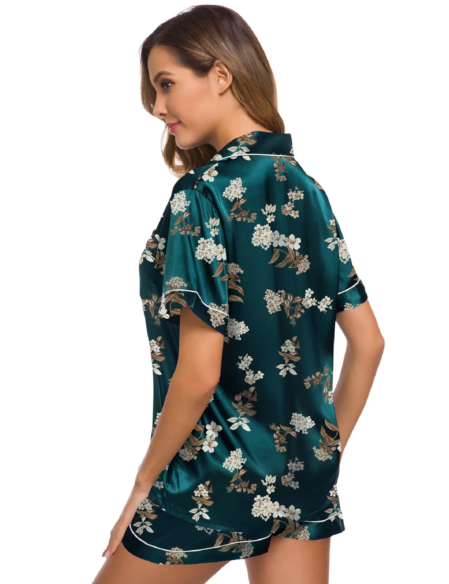 SWOMOG Womens Silk Satin Pajamas Set Short Sleeve Button Down Sleepwear Loungewear 2 Pcs Pj Sets