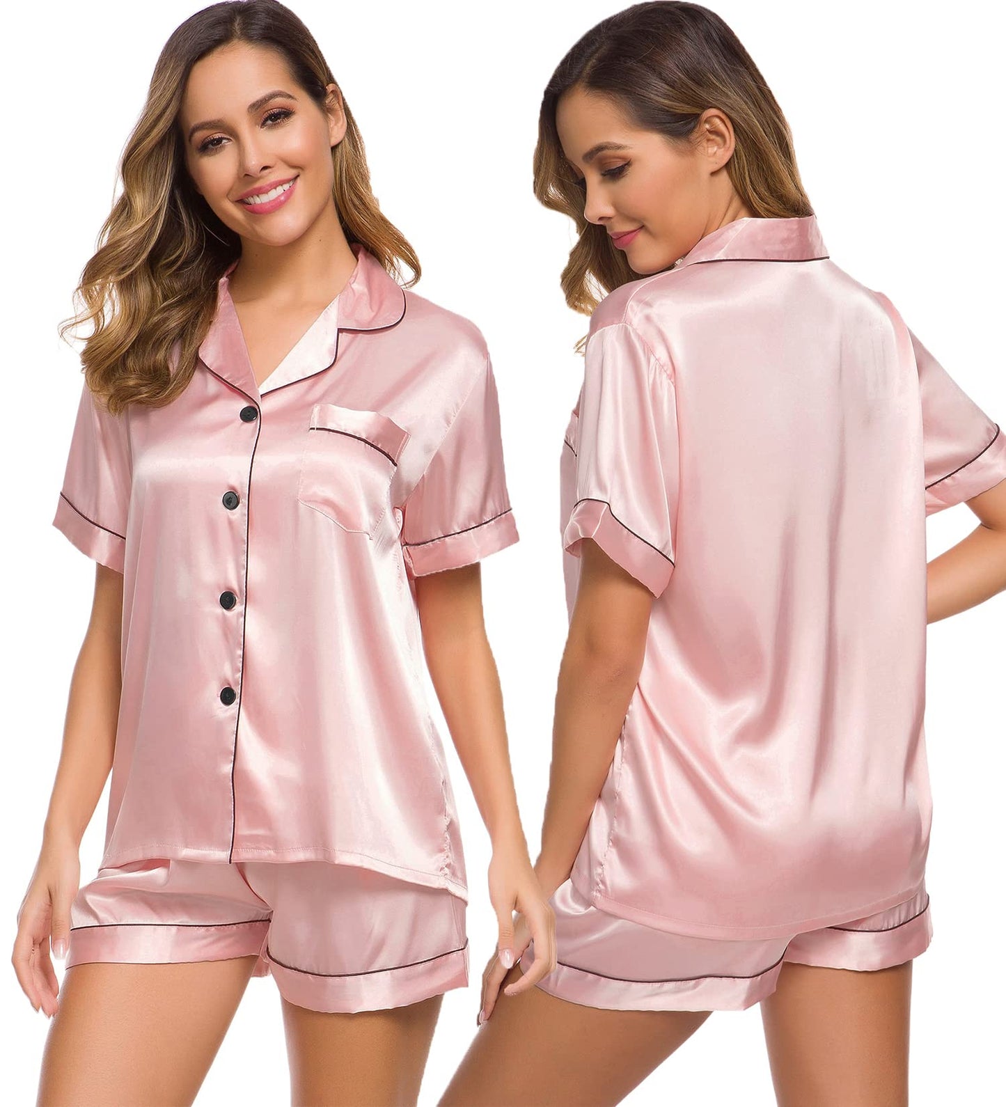 SWOMOG Womens Silk Satin Pajamas Set Short Sleeve Button Down Sleepwear Loungewear 2 Pcs Pj Sets