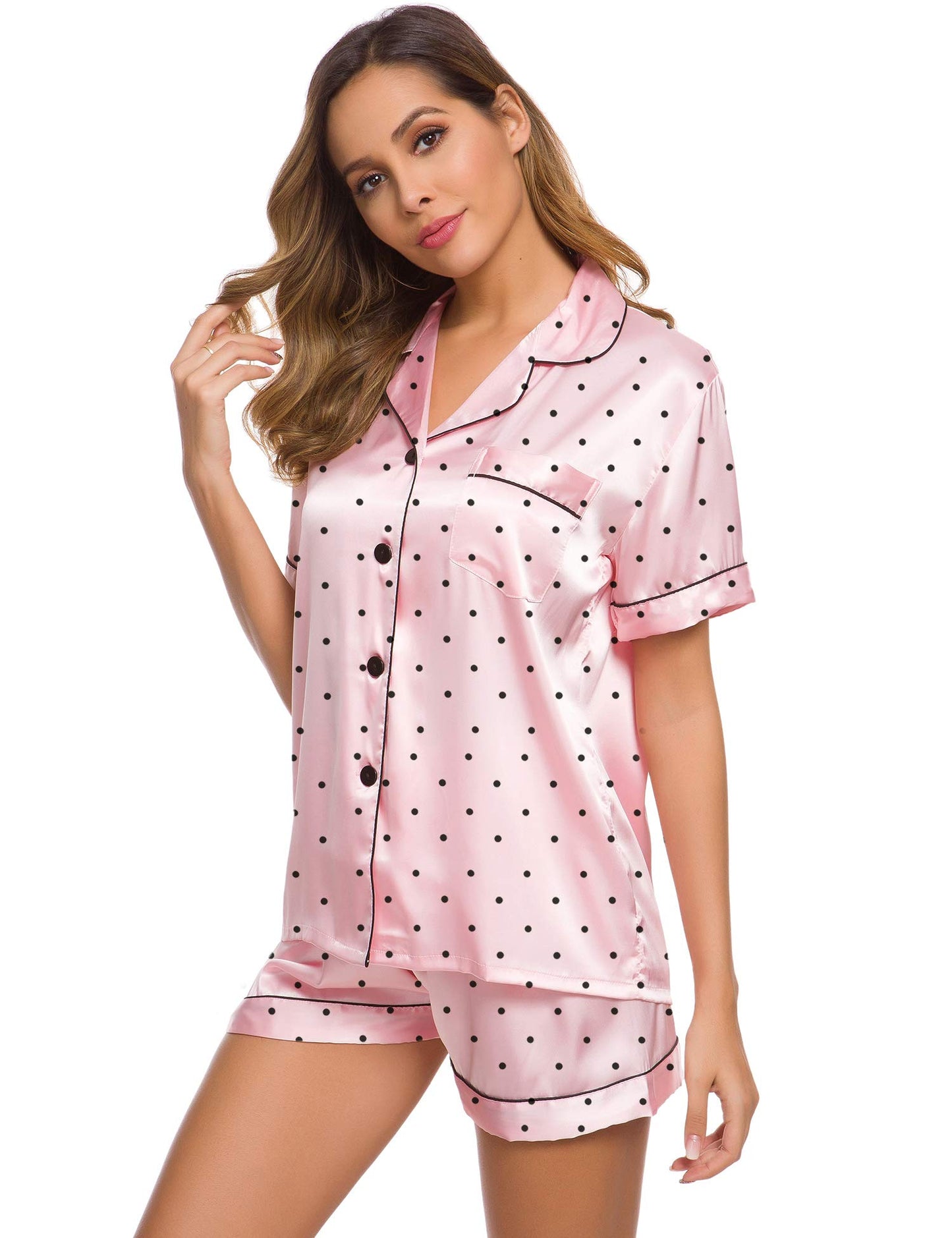 SWOMOG Womens Silk Satin Pajamas Set Short Sleeve Button Down Sleepwear Loungewear 2 Pcs Pj Sets