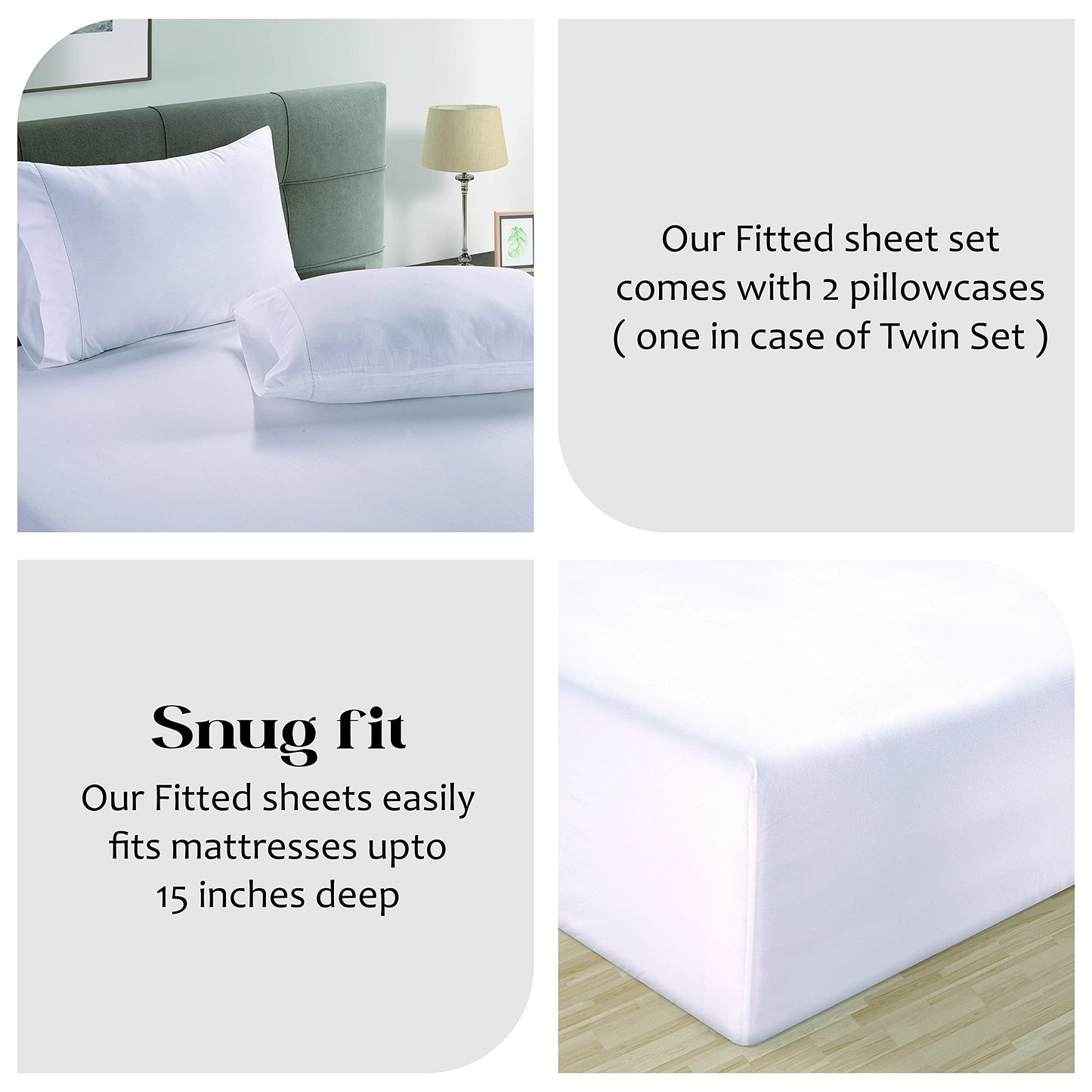 Lane Linen 100% Organic Cotton Fitted Sheet Queen Size only, 3-Piece Set (1 Fitted Sheet, 2 Pillowcases), Percale Weave, Cotton Sheet, Soft, Breathable, Fits Mattress Upto 15' Deep - White