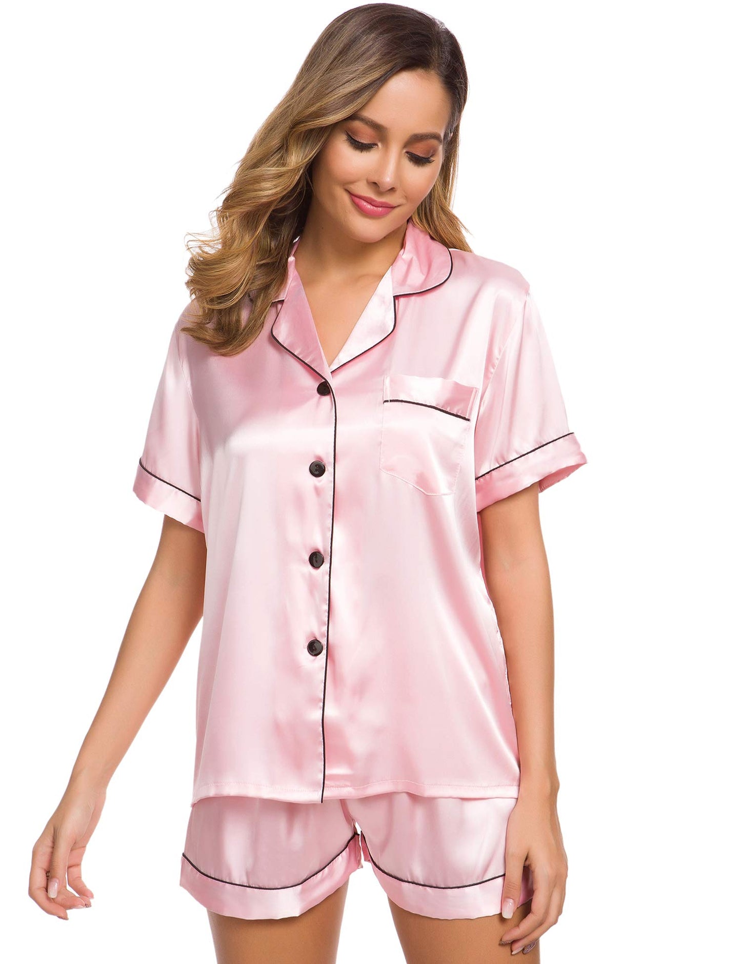 SWOMOG Womens Silk Satin Pajamas Set Short Sleeve Button Down Sleepwear Loungewear 2 Pcs Pj Sets