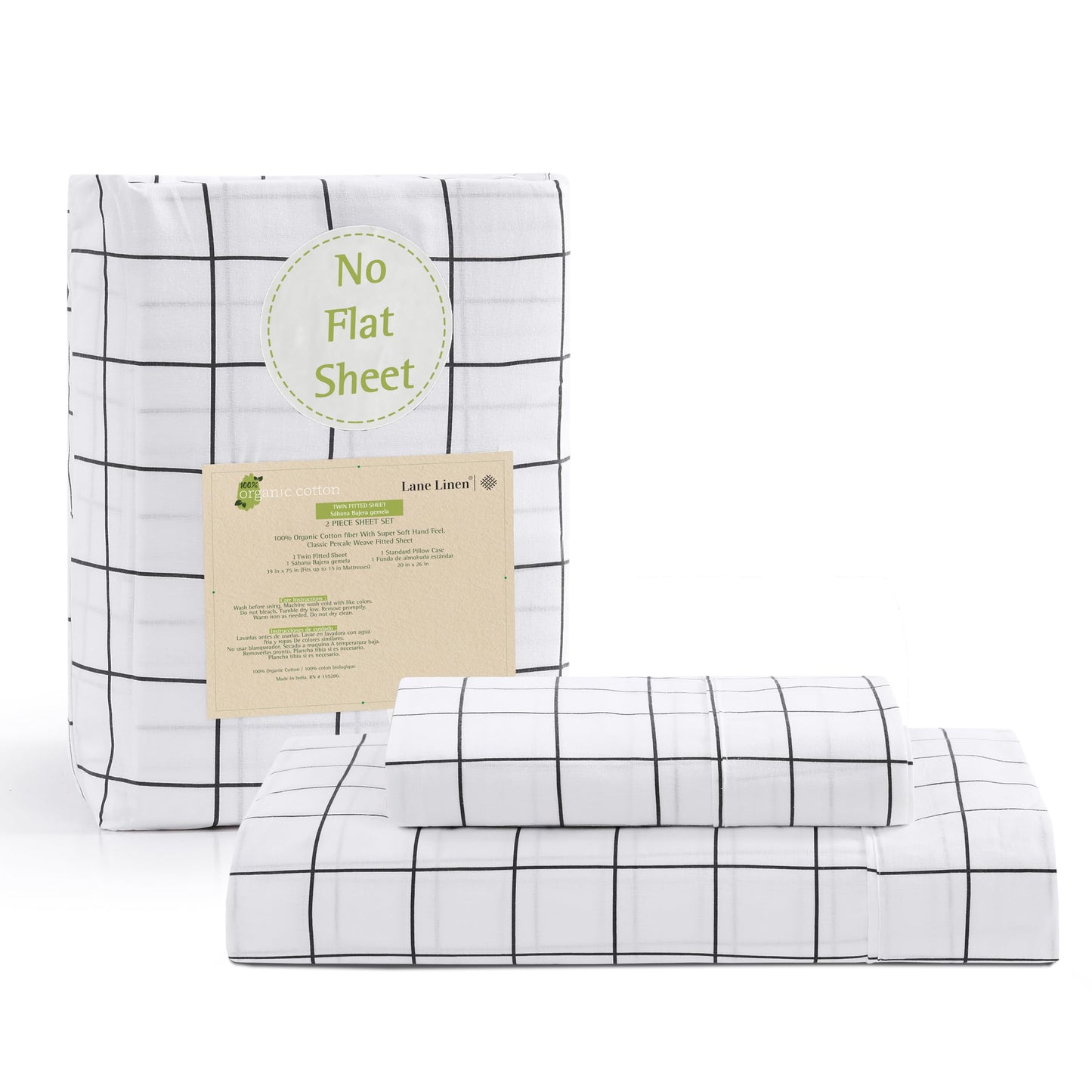 Lane Linen 100% Organic Cotton Fitted Sheet Queen Size only, 3-Piece Set (1 Fitted Sheet, 2 Pillowcases), Percale Weave, Cotton Sheet, Soft, Breathable, Fits Mattress Upto 15' Deep - White