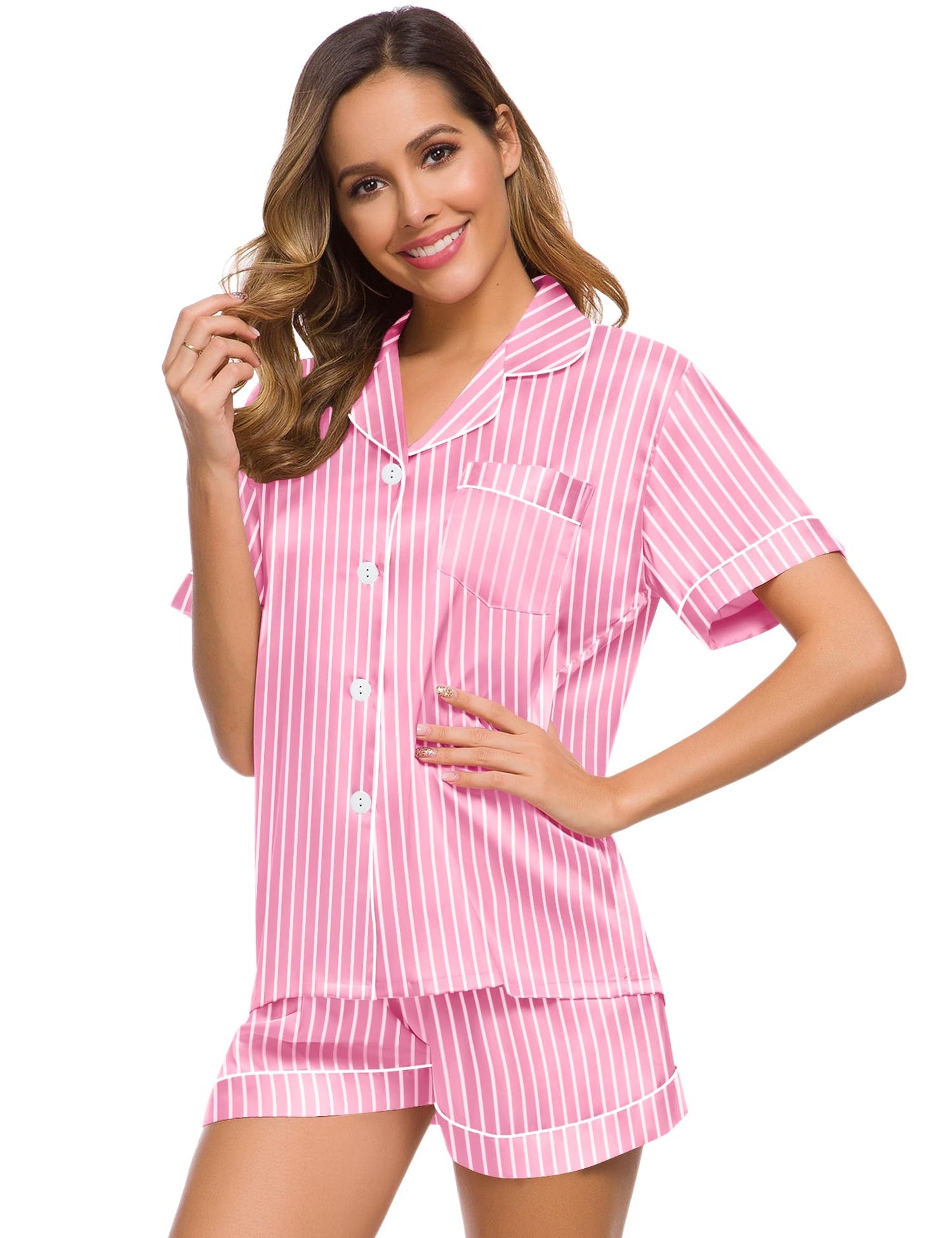 SWOMOG Womens Silk Satin Pajamas Set Short Sleeve Button Down Sleepwear Loungewear 2 Pcs Pj Sets