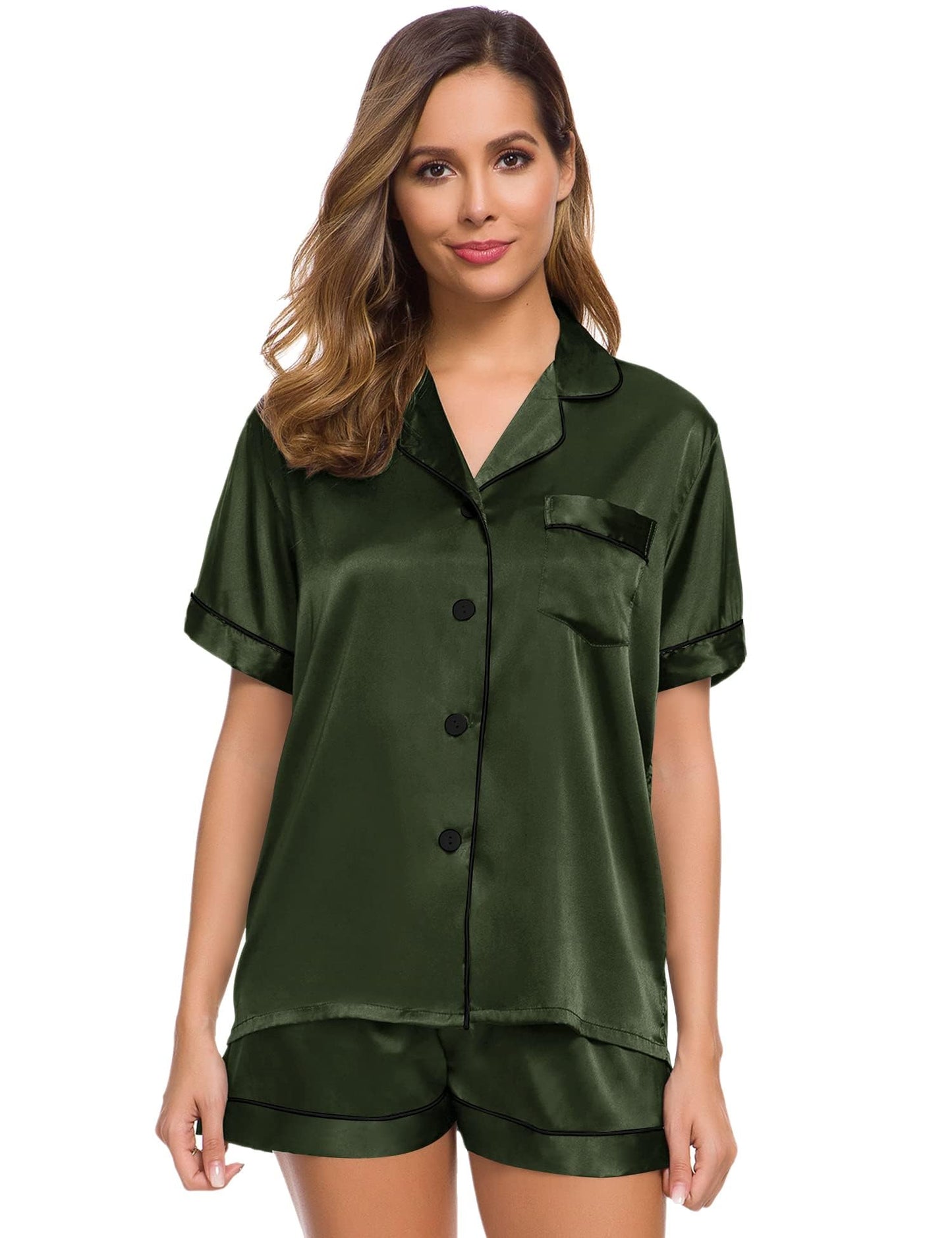 SWOMOG Womens Silk Satin Pajamas Set Short Sleeve Button Down Sleepwear Loungewear 2 Pcs Pj Sets