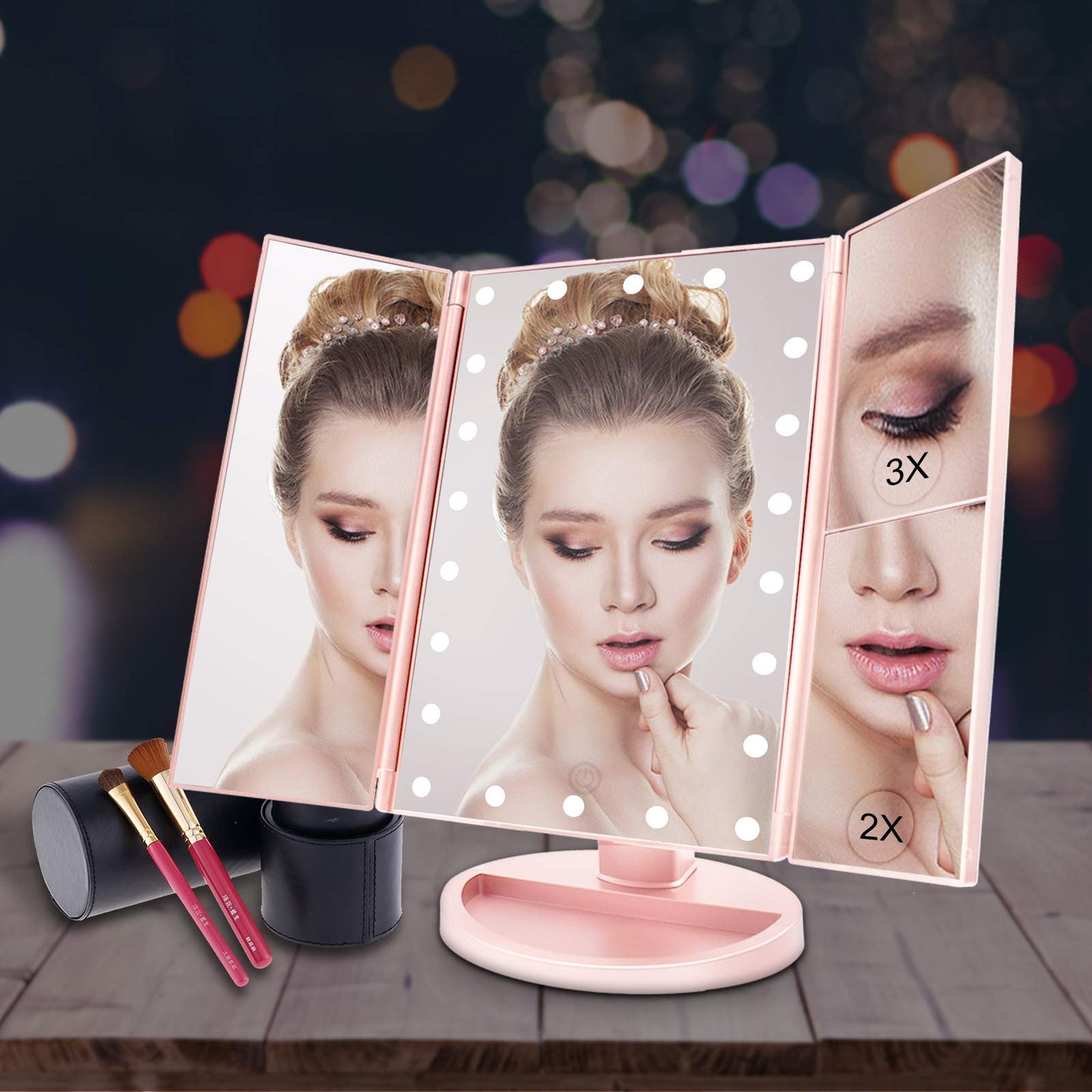 WEILY Makeup Mirror with 21 LED Lights,Two Power Supply Modes, Adjustable Touch Screen and 1x/2x/3x Magnification Tri-Fold Vanity Mirror, Gift for Women(Pink)