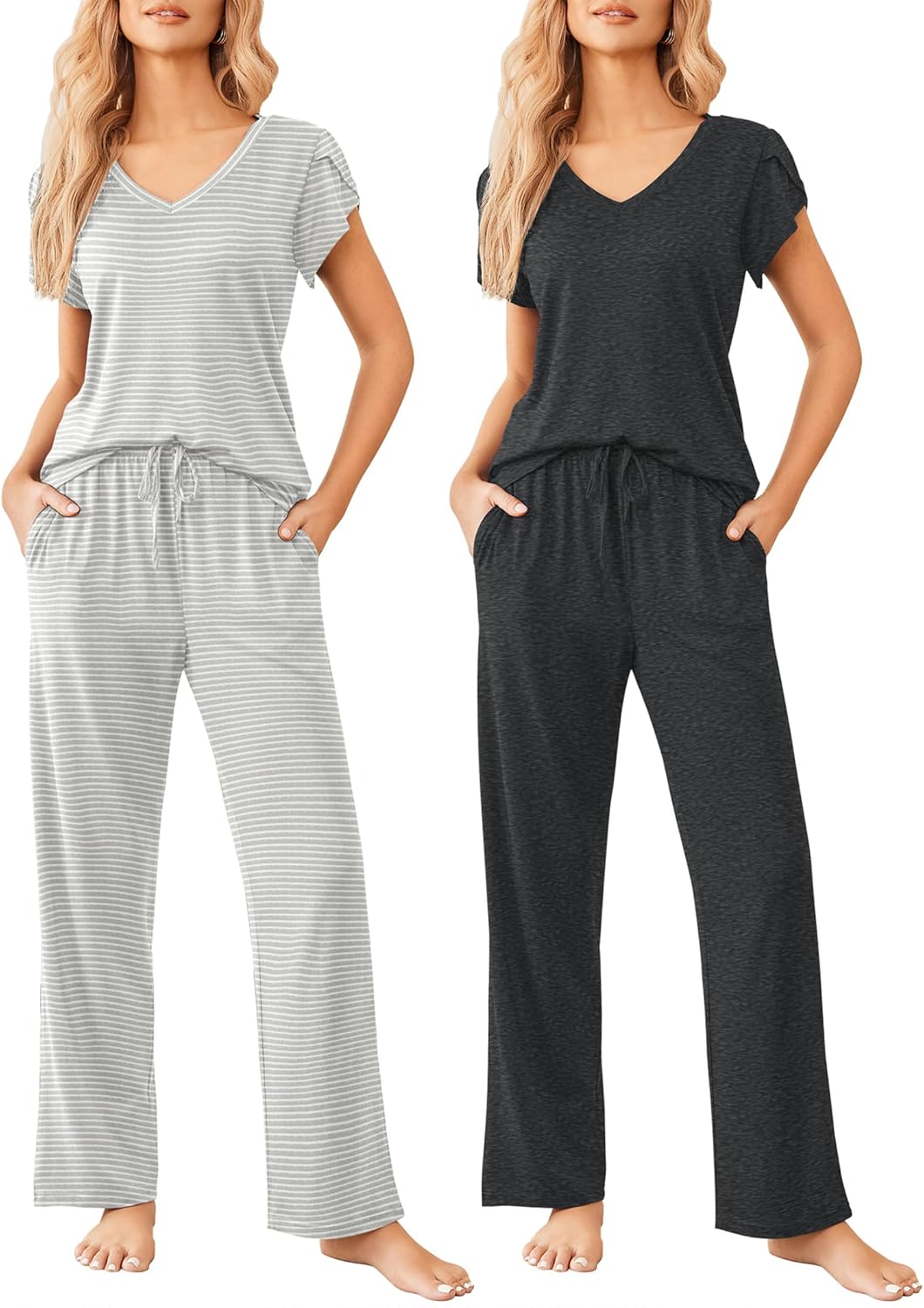 Ekouaer 2 Pack Womens Pajamas Short Sleeve Sleepwear Top with Pants Super-Soft Printed Lounge Sets S-XXL