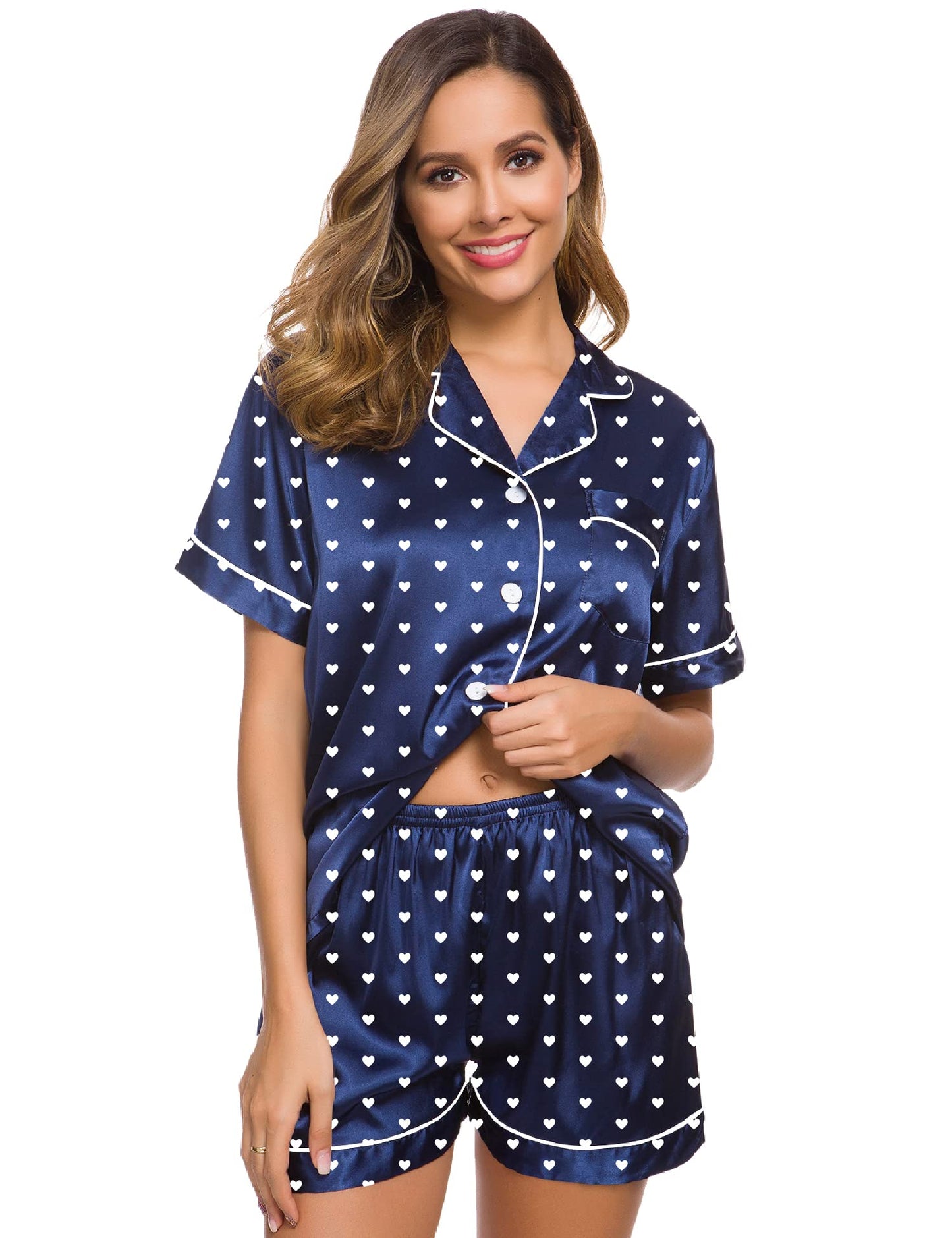SWOMOG Womens Silk Satin Pajamas Set Short Sleeve Button Down Sleepwear Loungewear 2 Pcs Pj Sets