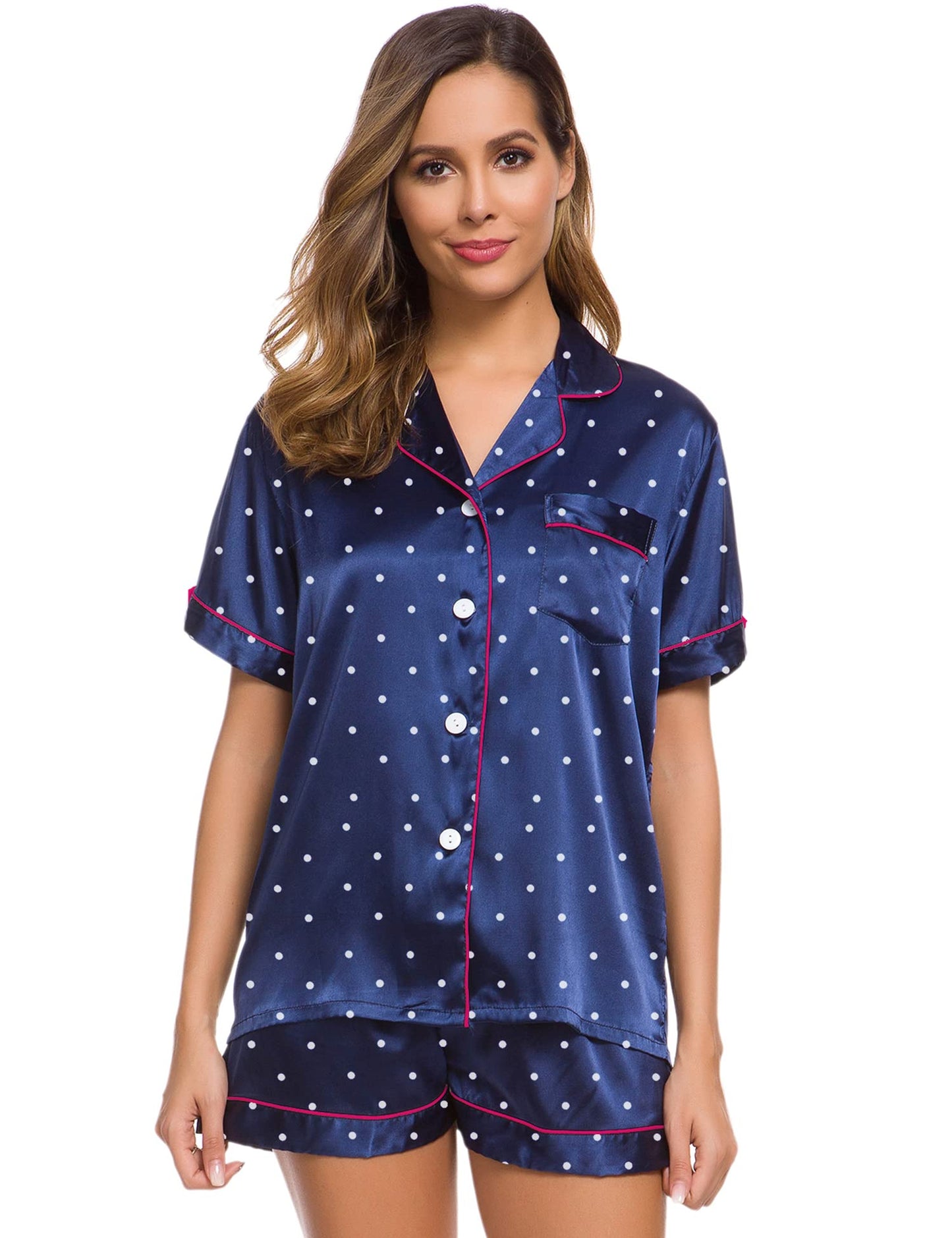 SWOMOG Womens Silk Satin Pajamas Set Short Sleeve Button Down Sleepwear Loungewear 2 Pcs Pj Sets