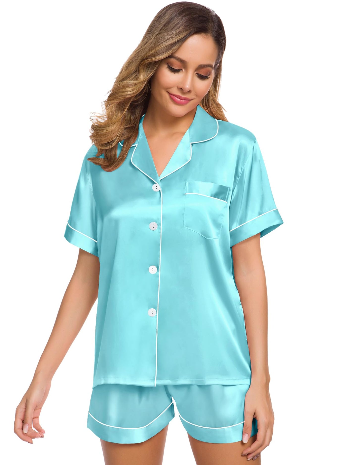 SWOMOG Womens Silk Satin Pajamas Set Short Sleeve Button Down Sleepwear Loungewear 2 Pcs Pj Sets