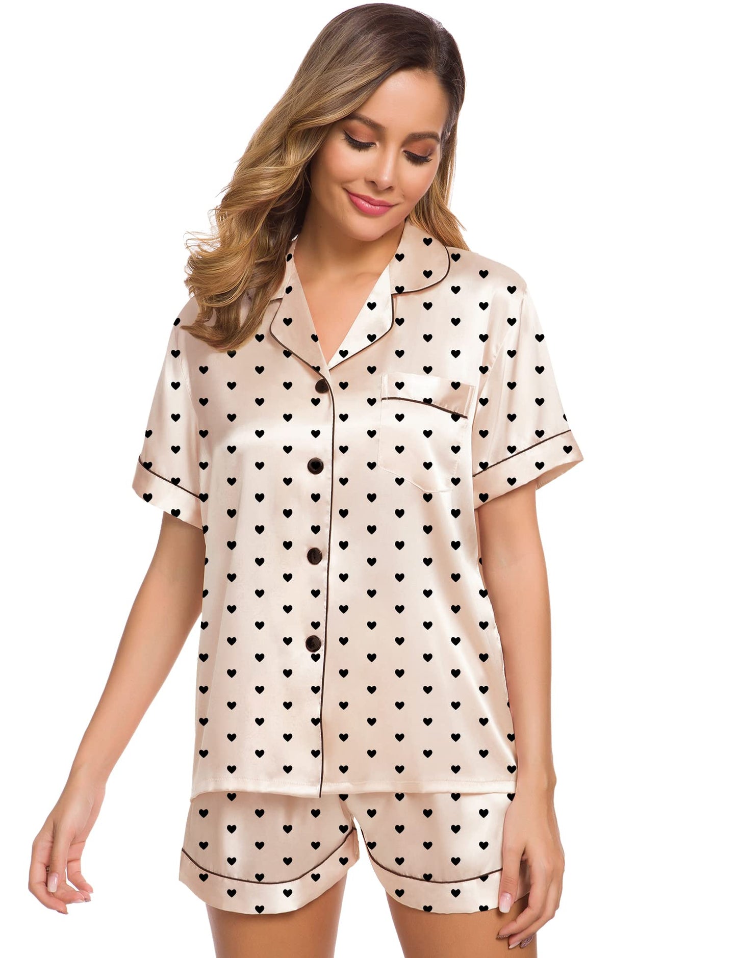 SWOMOG Womens Silk Satin Pajamas Set Short Sleeve Button Down Sleepwear Loungewear 2 Pcs Pj Sets