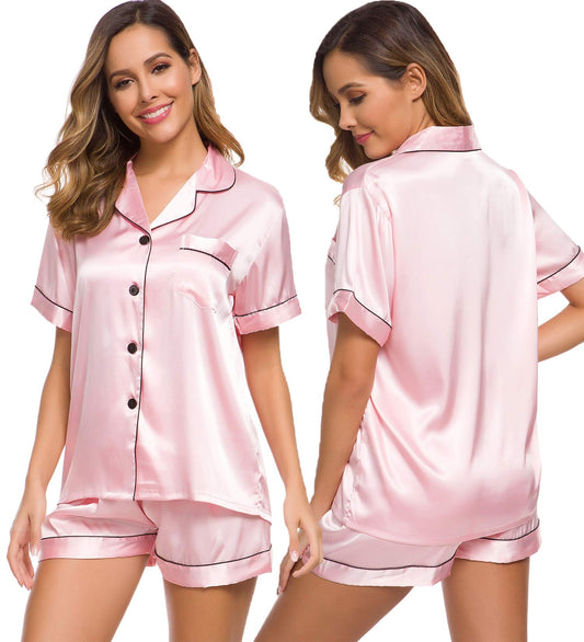 SWOMOG Womens Silk Satin Pajamas Set Short Sleeve Button Down Sleepwear Loungewear 2 Pcs Pj Sets