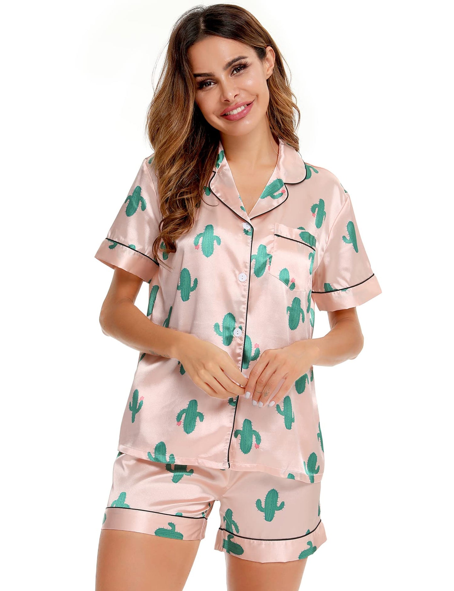 SWOMOG Womens Silk Satin Pajamas Set Short Sleeve Button Down Sleepwear Loungewear 2 Pcs Pj Sets