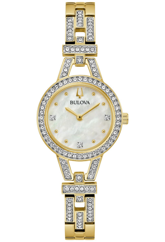 Bulova Ladies Crystal Quartz Watch 25mm Gold-Tone Stainless Steel Case and Bracelet with White Mother-of-Pearl Dial (98L325)