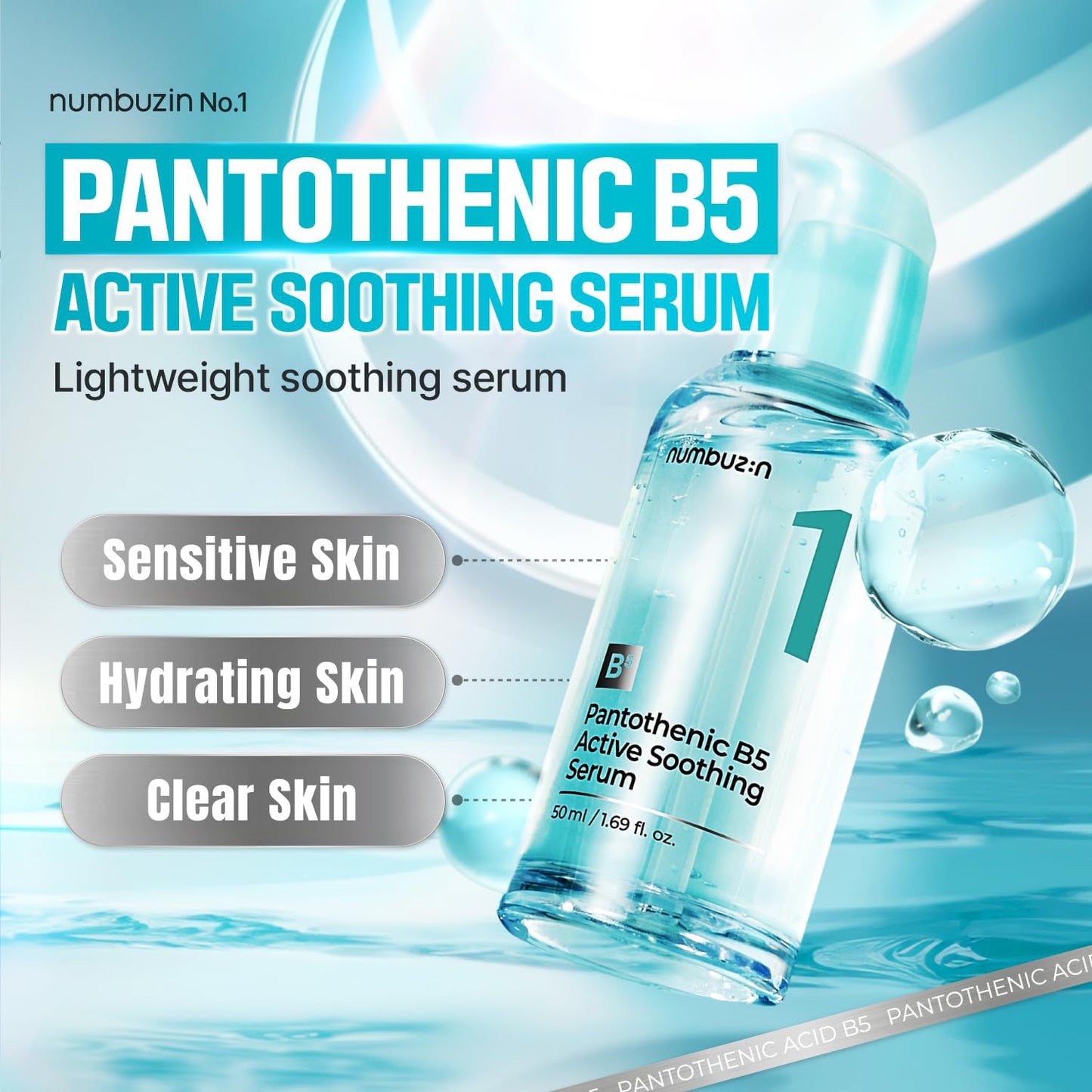 numbuzin No.1 Pantothenic B5 Active Soothing Serum | Lightweight Facial Serum, Excess Oil Control, Pantothenic Acid, Hydrating, Korean Skincare | 50ml, 1.69 fl oz