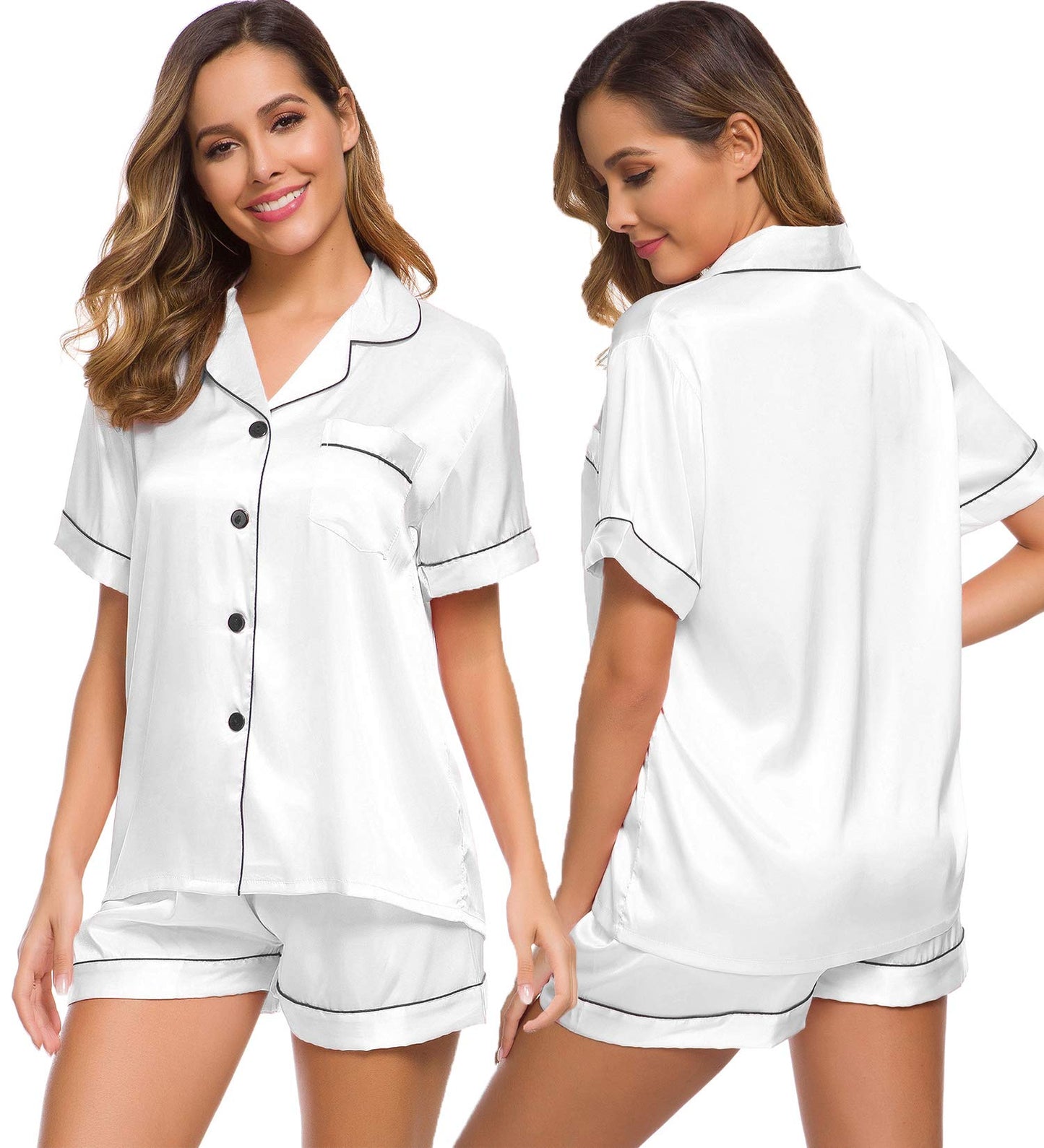 SWOMOG Womens Silk Satin Pajamas Set Short Sleeve Button Down Sleepwear Loungewear 2 Pcs Pj Sets