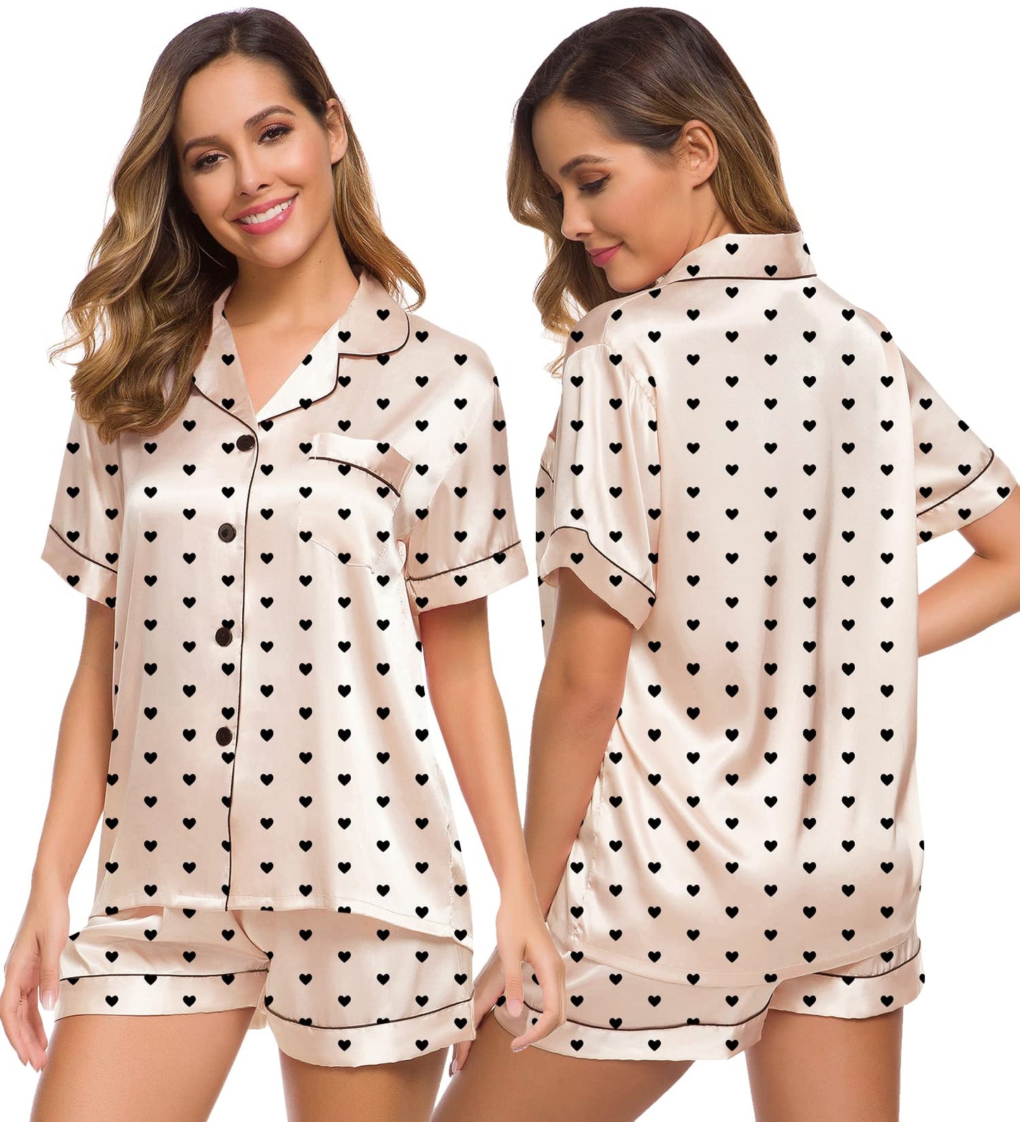 SWOMOG Womens Silk Satin Pajamas Set Short Sleeve Button Down Sleepwear Loungewear 2 Pcs Pj Sets