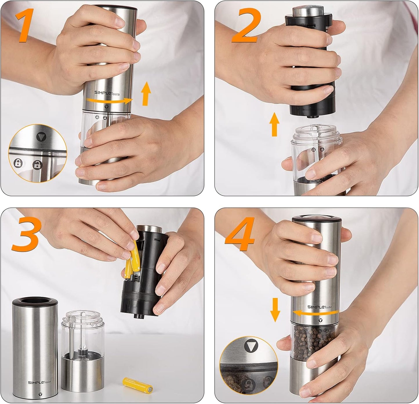 SIMPLETASTE Electric Salt and Pepper Grinder Set, Automatic One Handed,Stainless Grinders with Lights and Adjustable Coarseness,Battery Operated