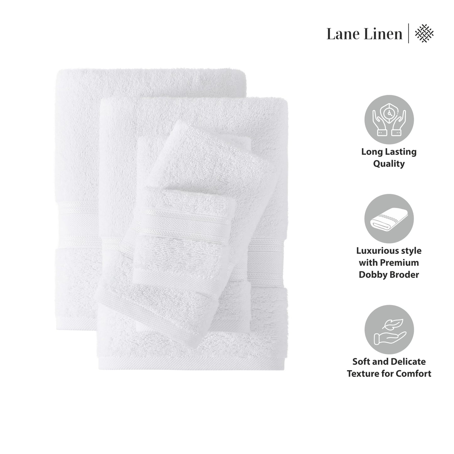 LANE LINEN Luxury Bath Towels Set - 6 Piece 100% CottonBathroom Zero Twist Shower Extra Absorbent Towel Super Soft 2 Hand Wash Cloths White