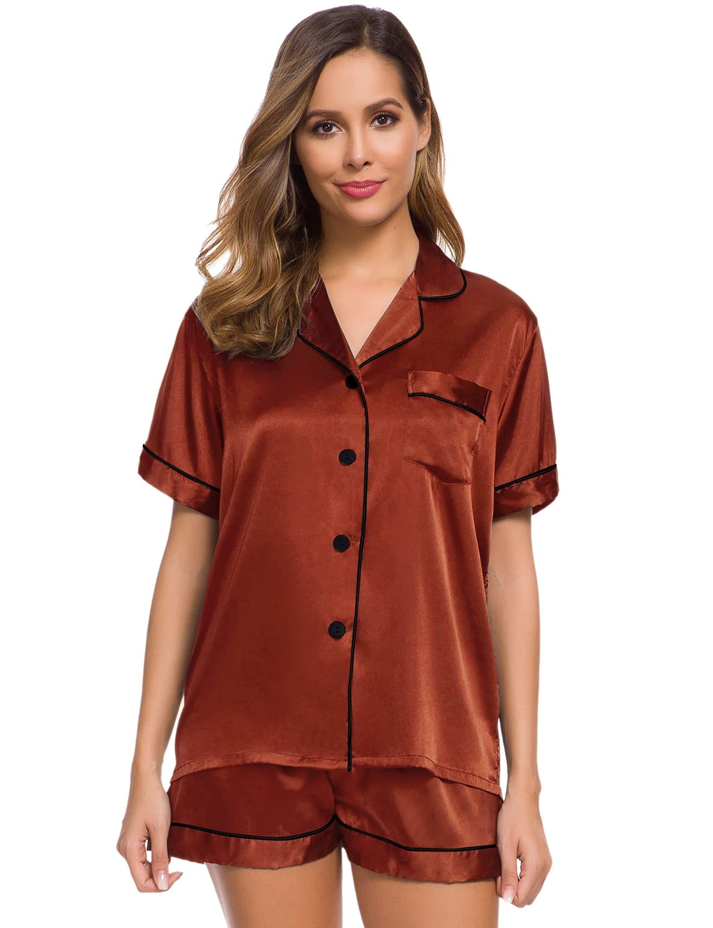 SWOMOG Womens Silk Satin Pajamas Set Short Sleeve Button Down Sleepwear Loungewear 2 Pcs Pj Sets