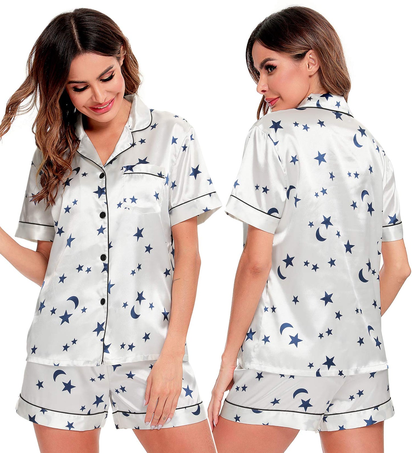 SWOMOG Womens Silk Satin Pajamas Set Short Sleeve Button Down Sleepwear Loungewear 2 Pcs Pj Sets