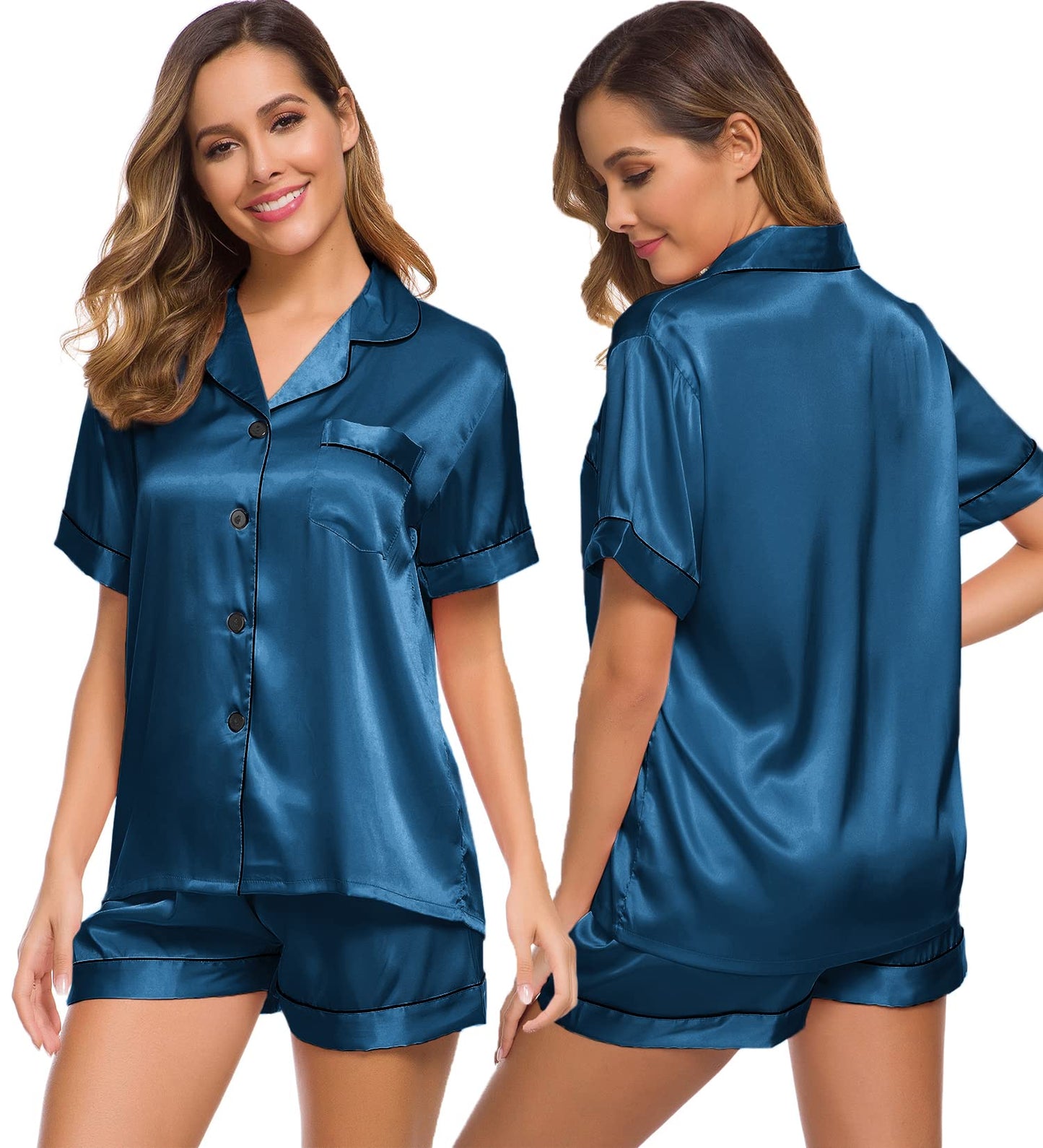 SWOMOG Womens Silk Satin Pajamas Set Short Sleeve Button Down Sleepwear Loungewear 2 Pcs Pj Sets