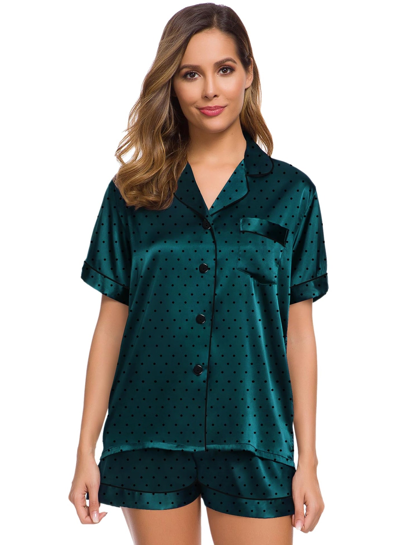 SWOMOG Womens Silk Satin Pajamas Set Short Sleeve Button Down Sleepwear Loungewear 2 Pcs Pj Sets