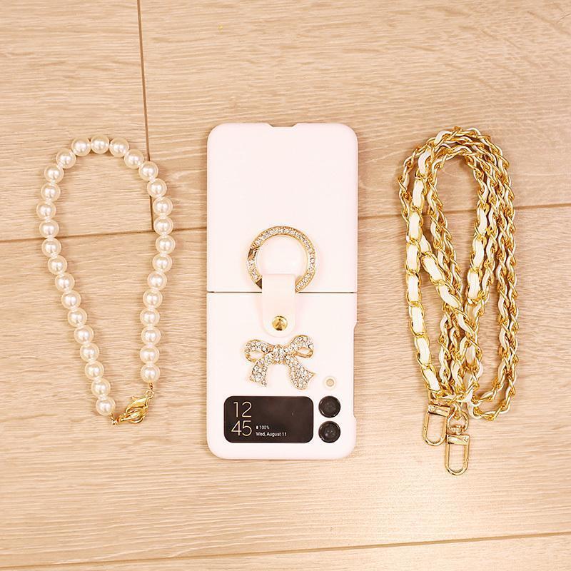 Rhinestone Bow Folding Phone Case Pearl Lanyard