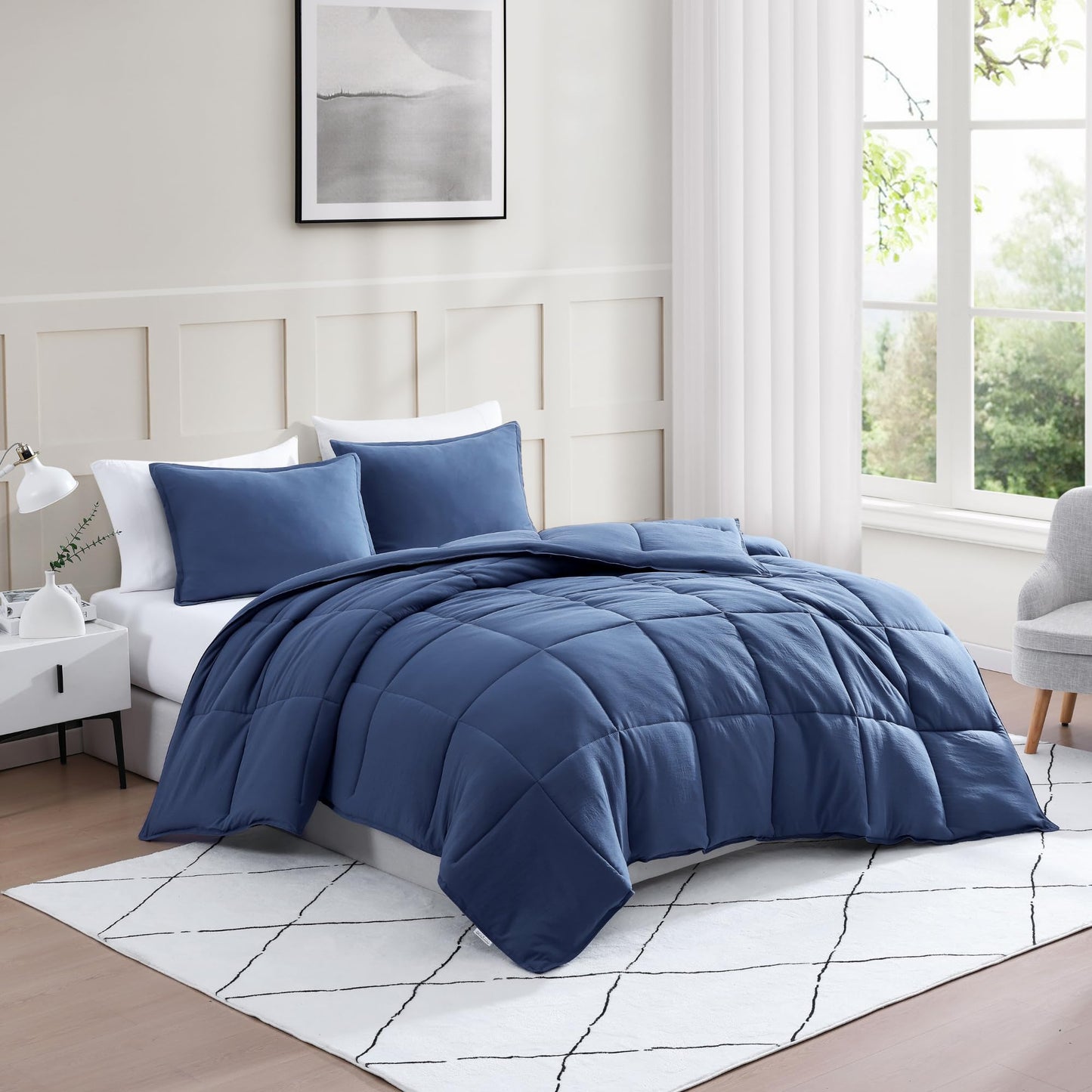 Comforter Set Queen Size - Goose Down Alternative – Washed Ultra-Soft - Premium All Season Warmth Bedding Set (Queen, French Blue)