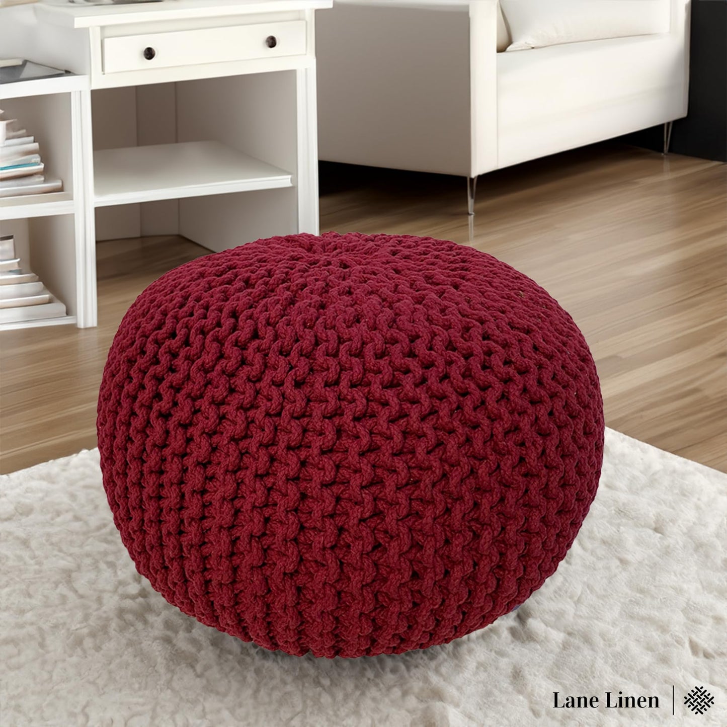 LANE LINEN Hand Knitted Cable Style Dori Pouf - Wine, Floor Ottoman - 100% Cotton Braid Cord - Handmade & Hand Stitched - Truly one of a Kind Seating - 20 Diameter x 14 Height