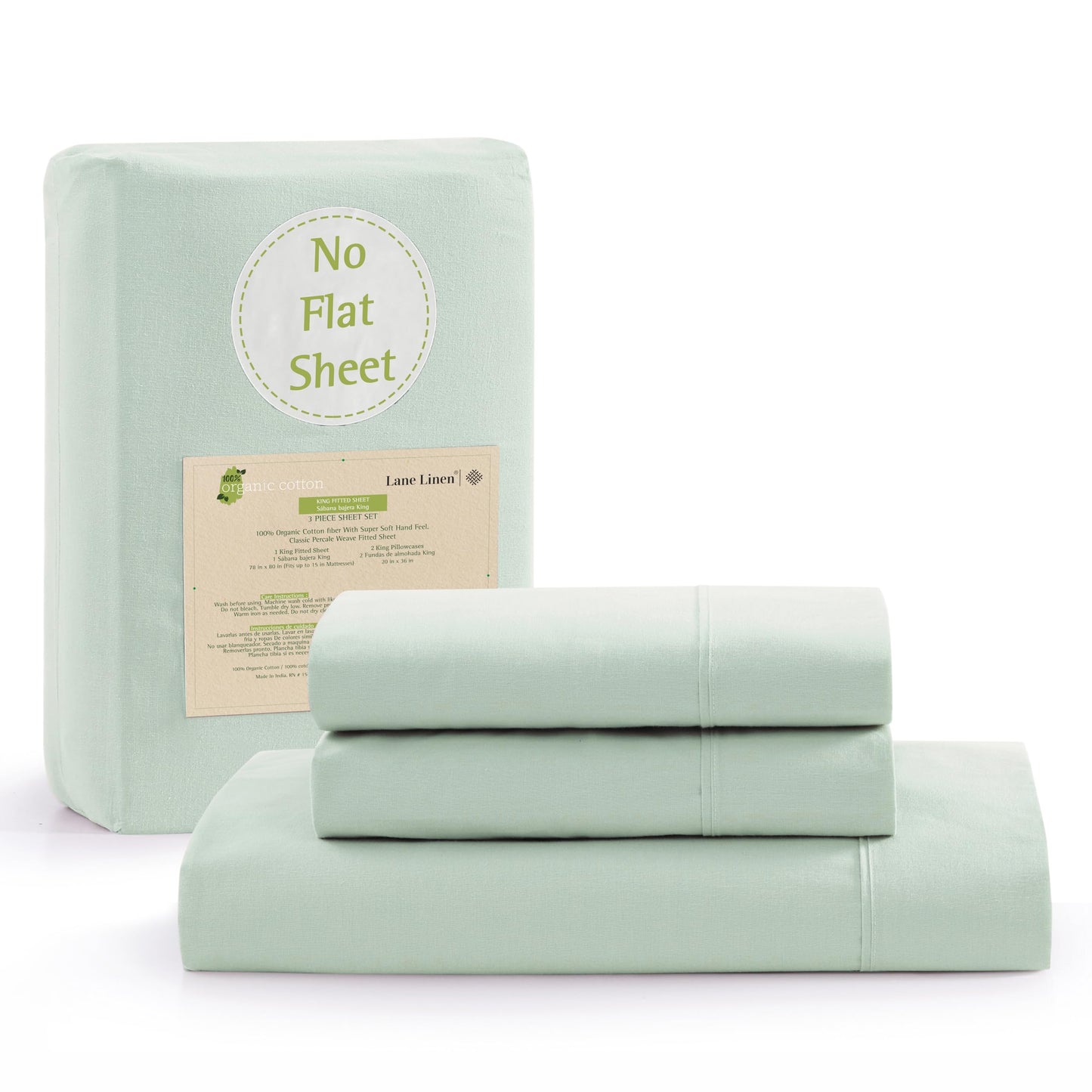 Lane Linen 100% Organic Cotton Fitted Sheet Queen Size only, 3-Piece Set (1 Fitted Sheet, 2 Pillowcases), Percale Weave, Cotton Sheet, Soft, Breathable, Fits Mattress Upto 15' Deep - White