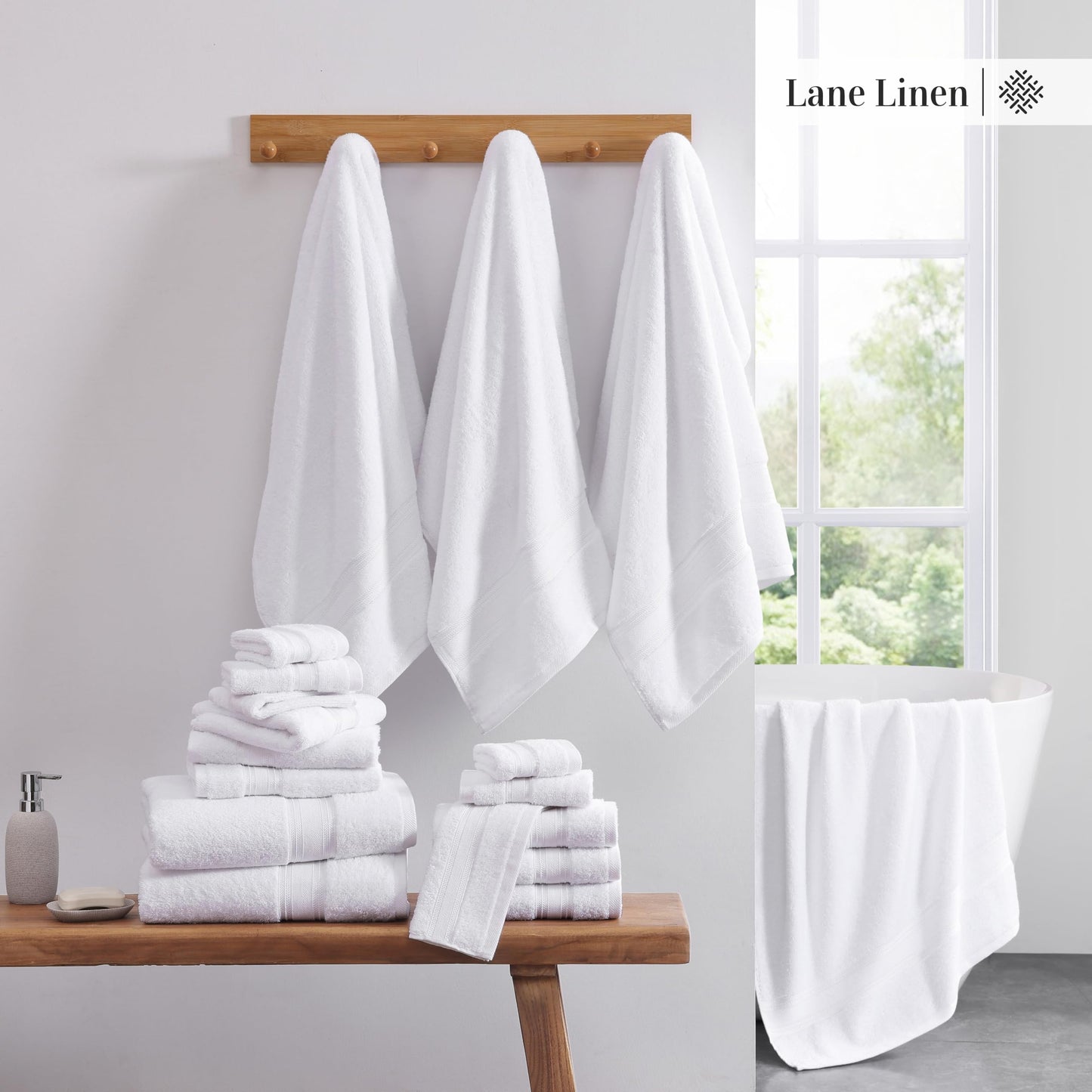 LANE LINEN Luxury Bath Towels Set - 6 Piece 100% CottonBathroom Zero Twist Shower Extra Absorbent Towel Super Soft 2 Hand Wash Cloths White