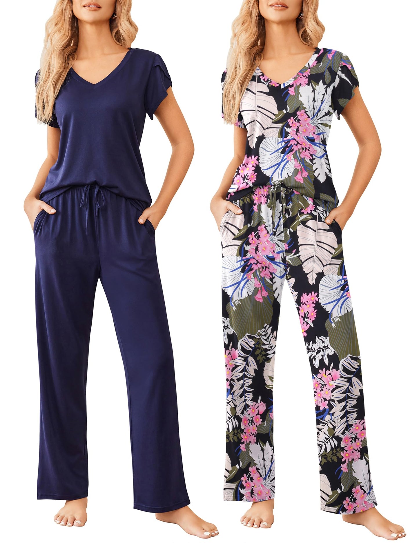 Ekouaer 2 Pack Womens Pajamas Short Sleeve Sleepwear Top with Pants Super-Soft Printed Lounge Sets S-XXL