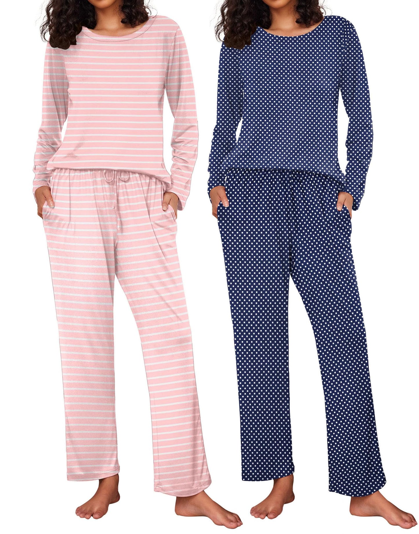 Ekouaer 2 Pack Women's Pajama Set Soft Long Sleeve Sleepwear Loungewear Pjs Sets with Pockets