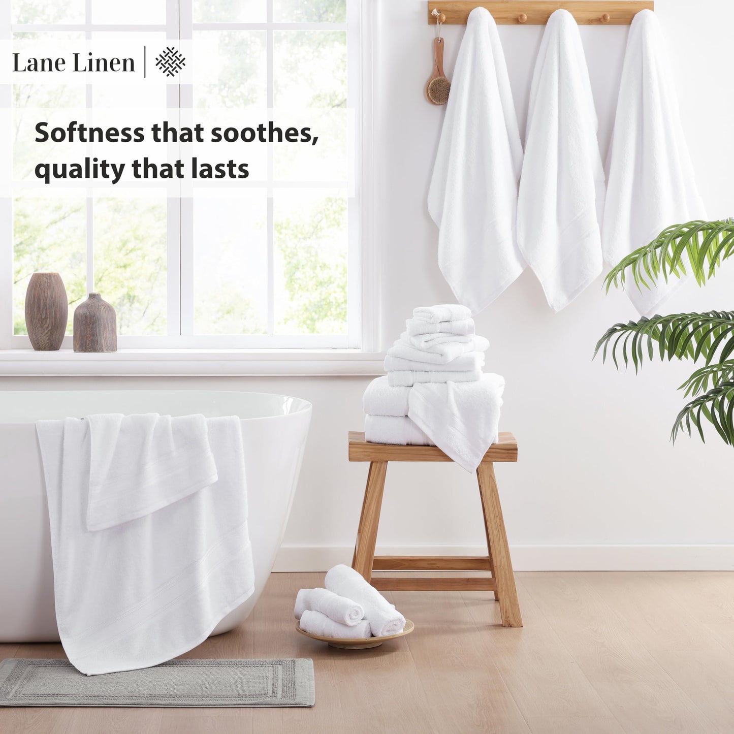 LANE LINEN Luxury Bath Towels Set - 6 Piece 100% CottonBathroom Zero Twist Shower Extra Absorbent Towel Super Soft 2 Hand Wash Cloths White