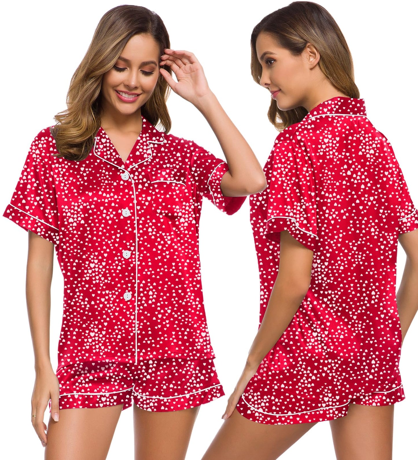 SWOMOG Womens Silk Satin Pajamas Set Short Sleeve Button Down Sleepwear Loungewear 2 Pcs Pj Sets